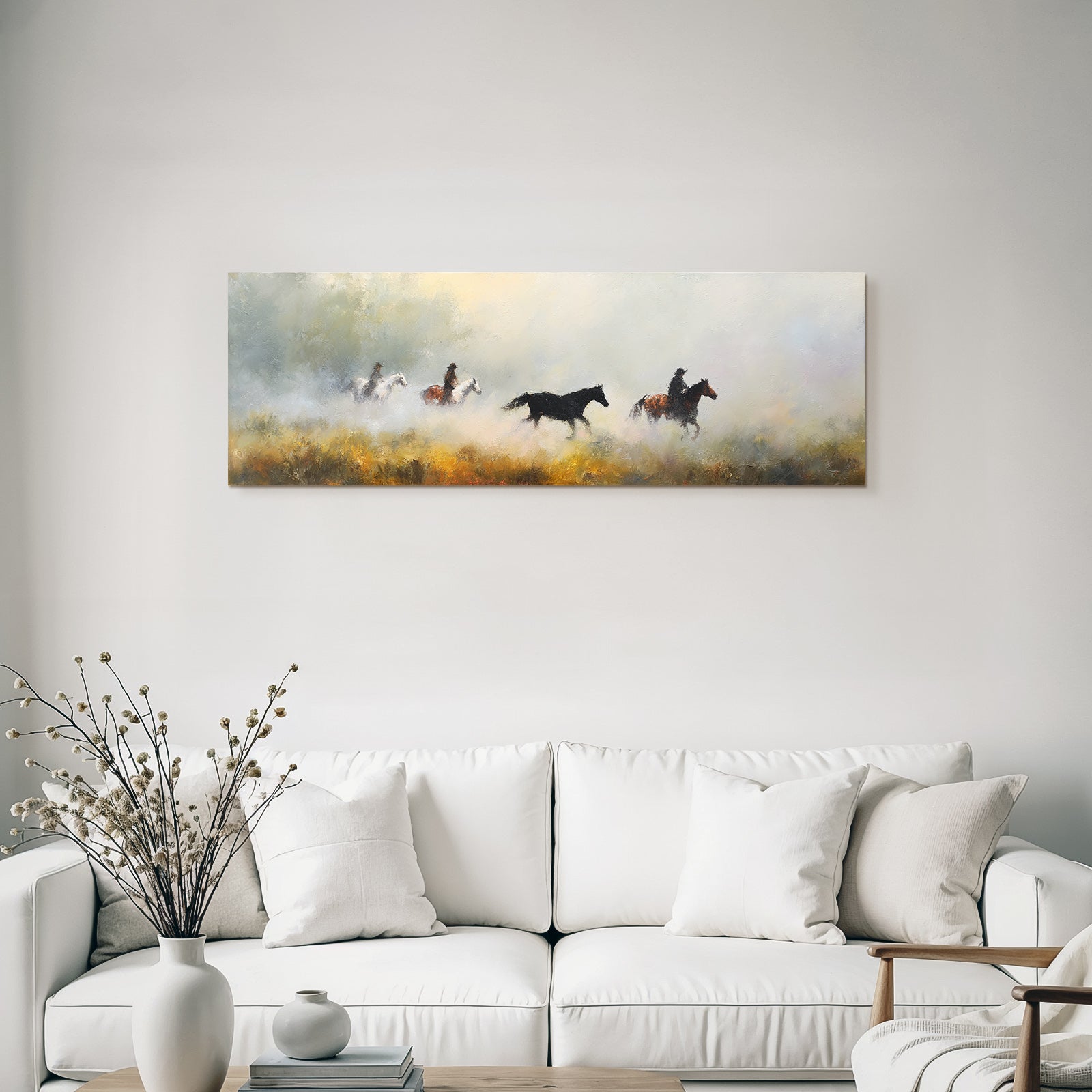 Serene Landschaft Pferde Reiter Nebel Impressionistisch