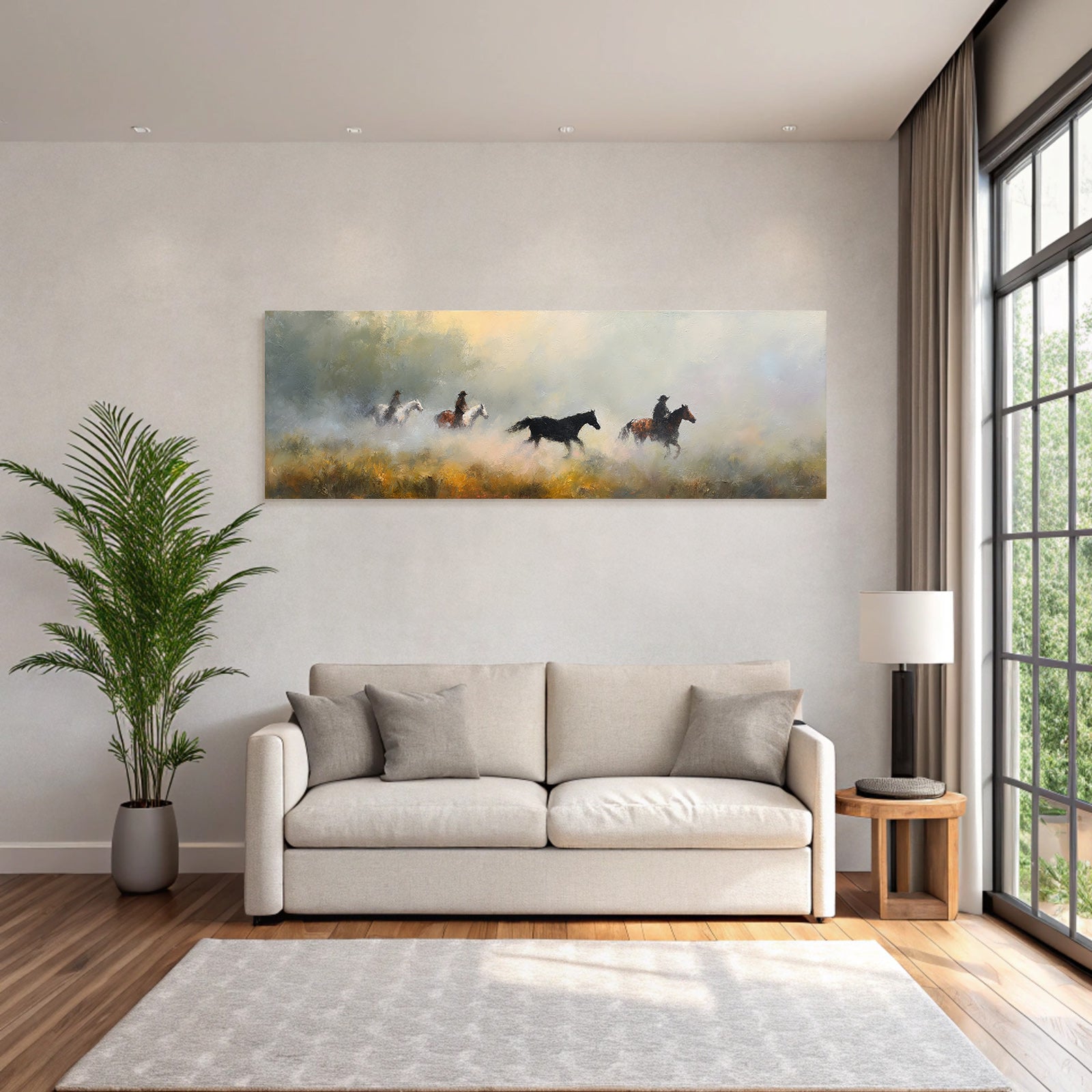 Serene Landschaft Pferde Reiter Nebel Impressionistisch