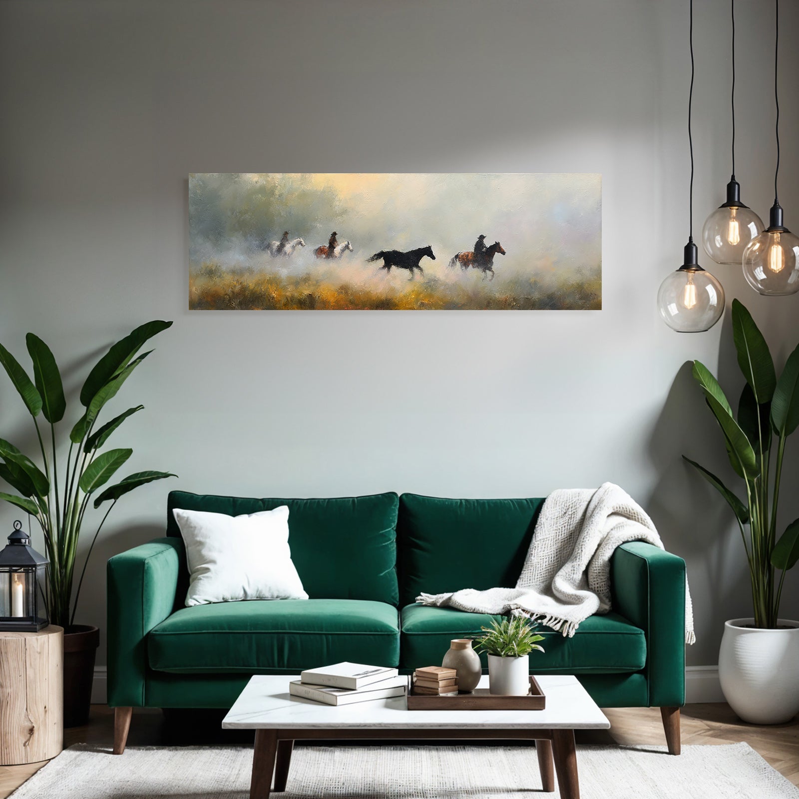 Serene Landschaft Pferde Reiter Nebel Impressionistisch