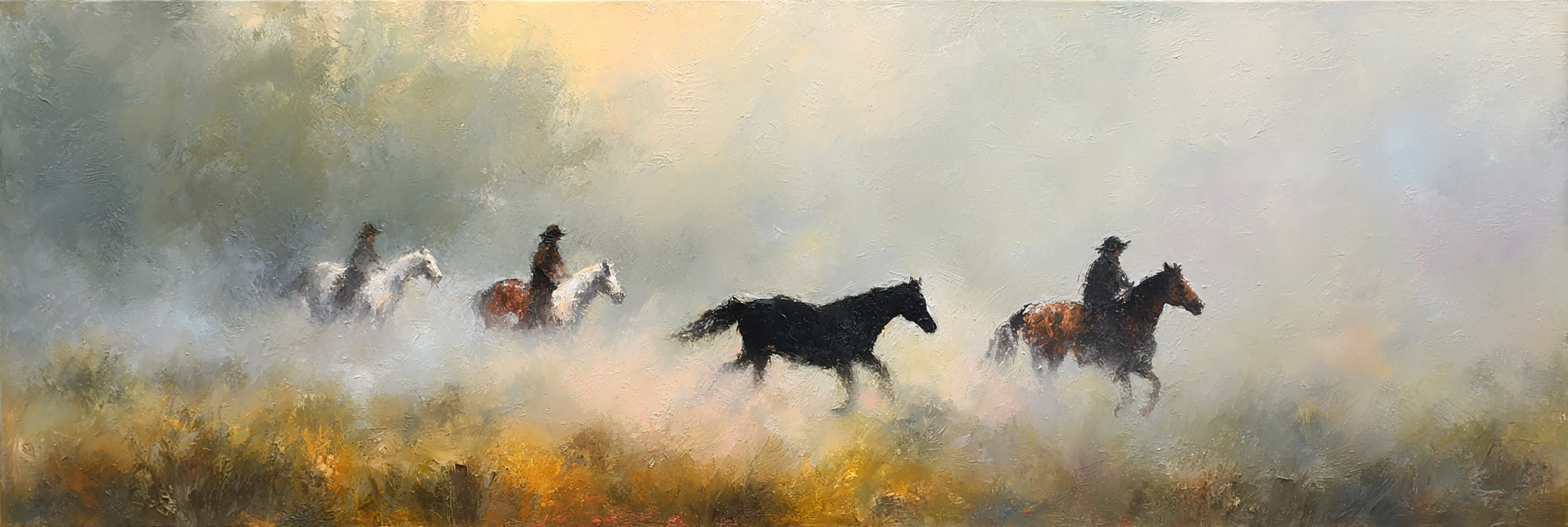 Serene Landschaft Pferde Reiter Nebel Impressionistisch | Grandeur Chic | Einrichtungsstile