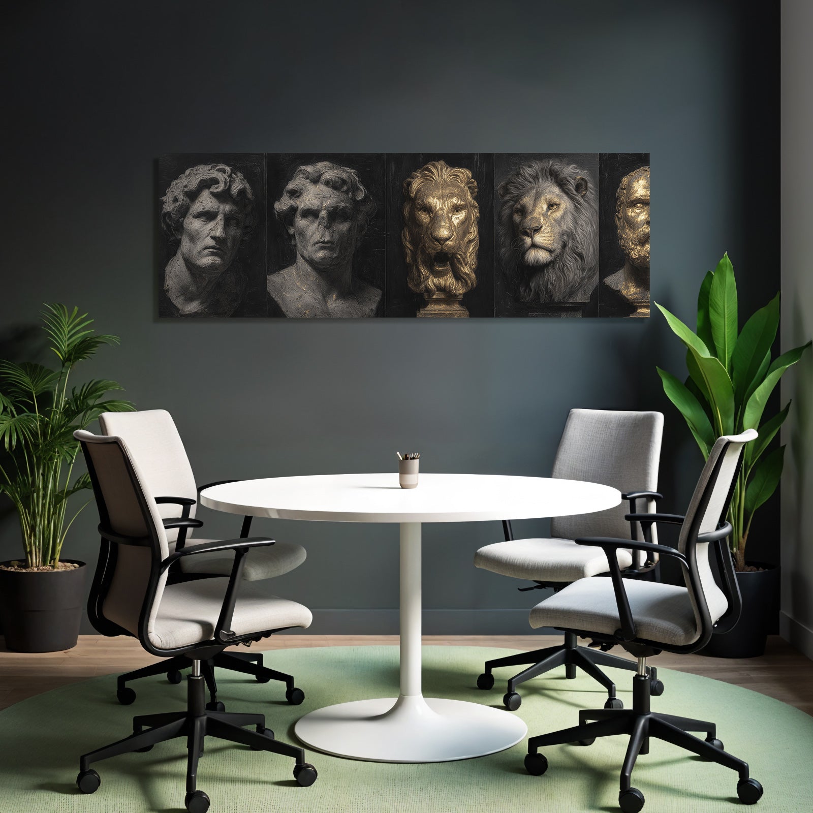 Sculptures or busts of human figures and a lion against a dark background