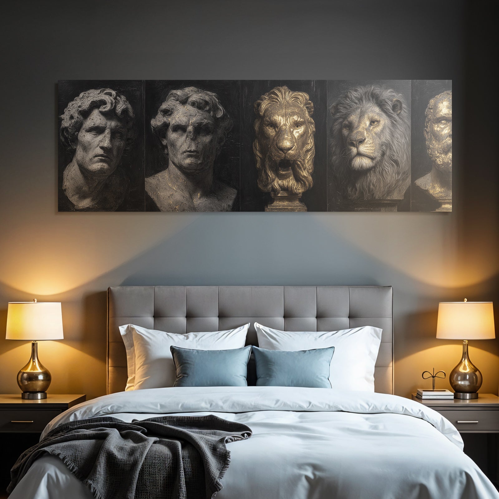 Sculptures or busts of human figures and a lion against a dark background