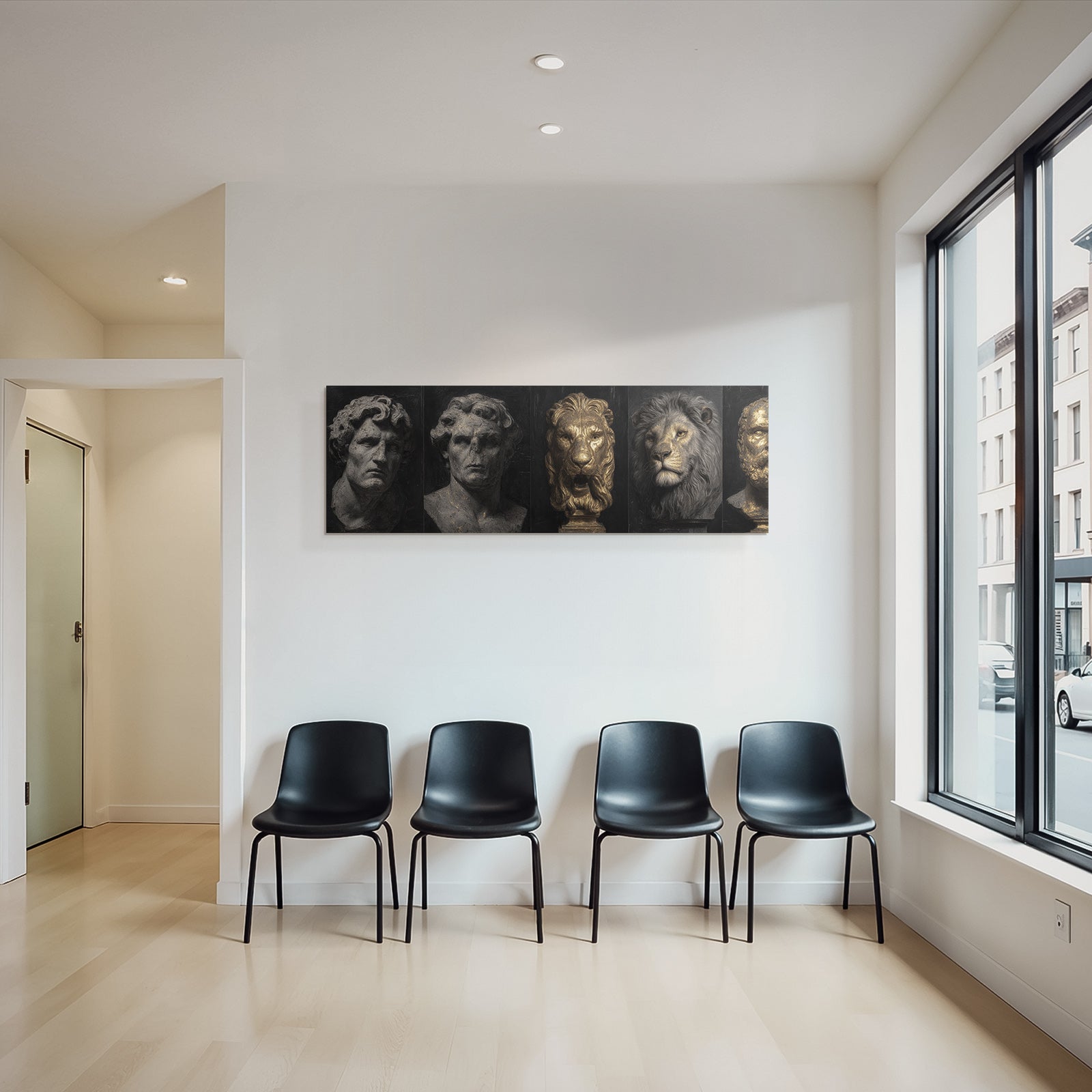 Sculptures or busts of human figures and a lion against a dark background
