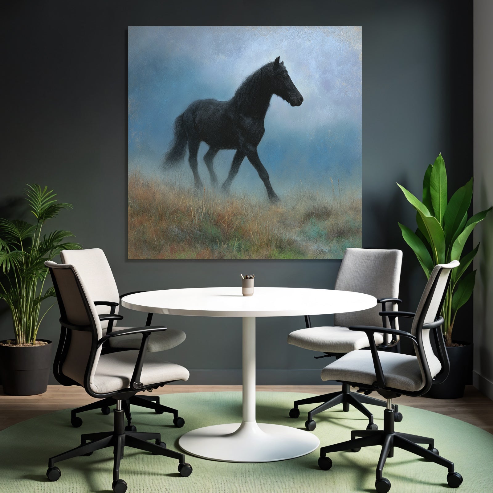 Schwarzes Pferd Im Nebel