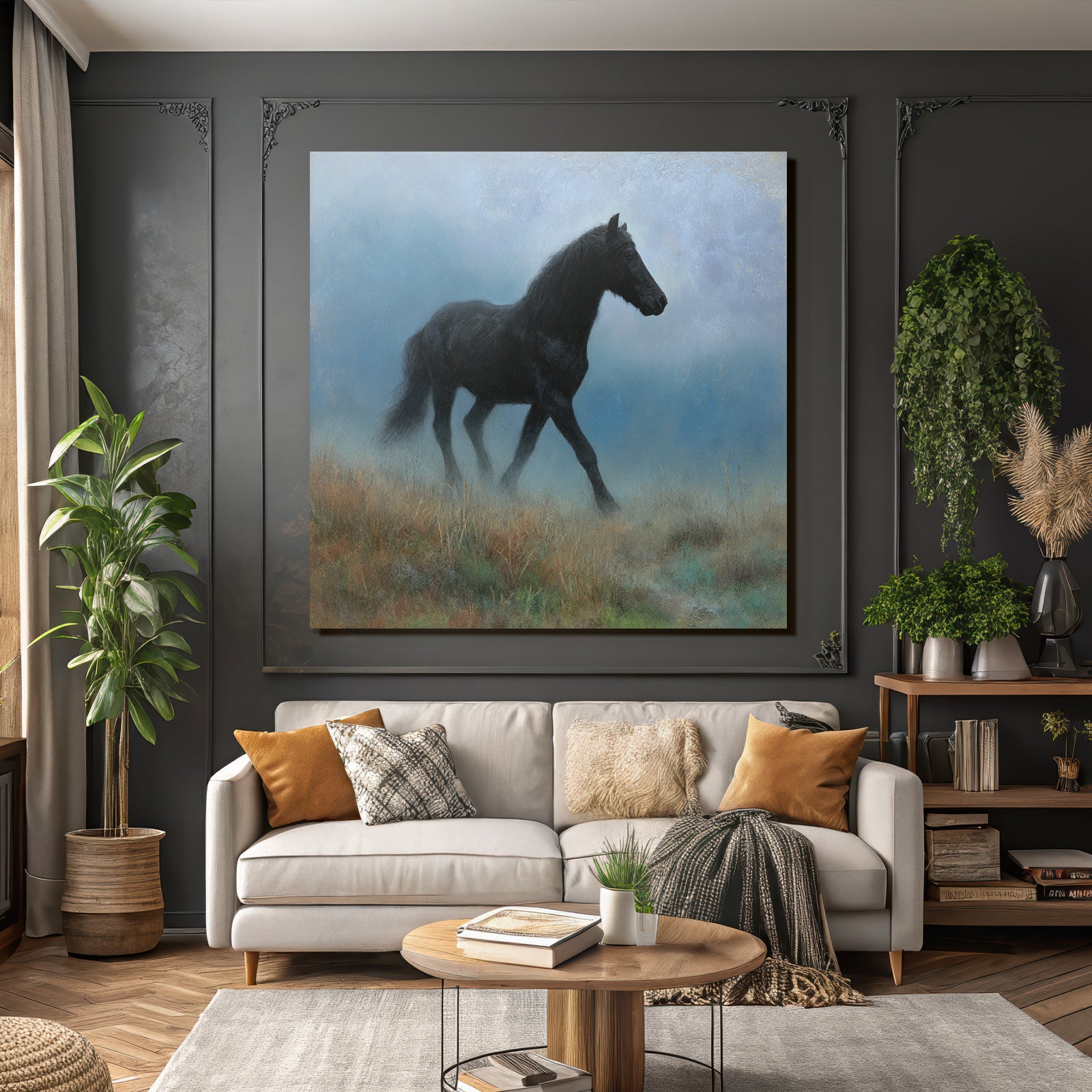 Schwarzes Pferd Im Nebel