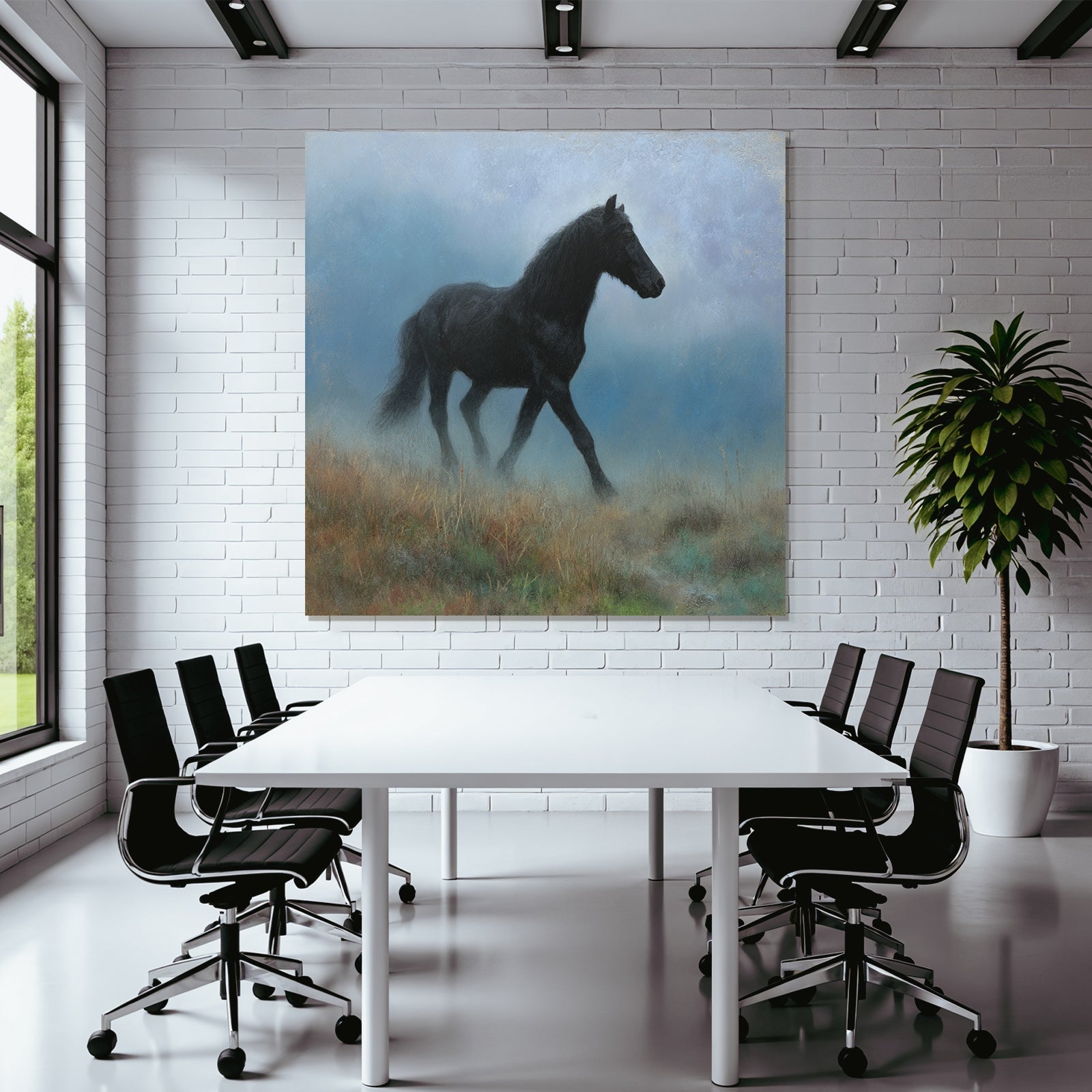 Schwarzes Pferd Im Nebel