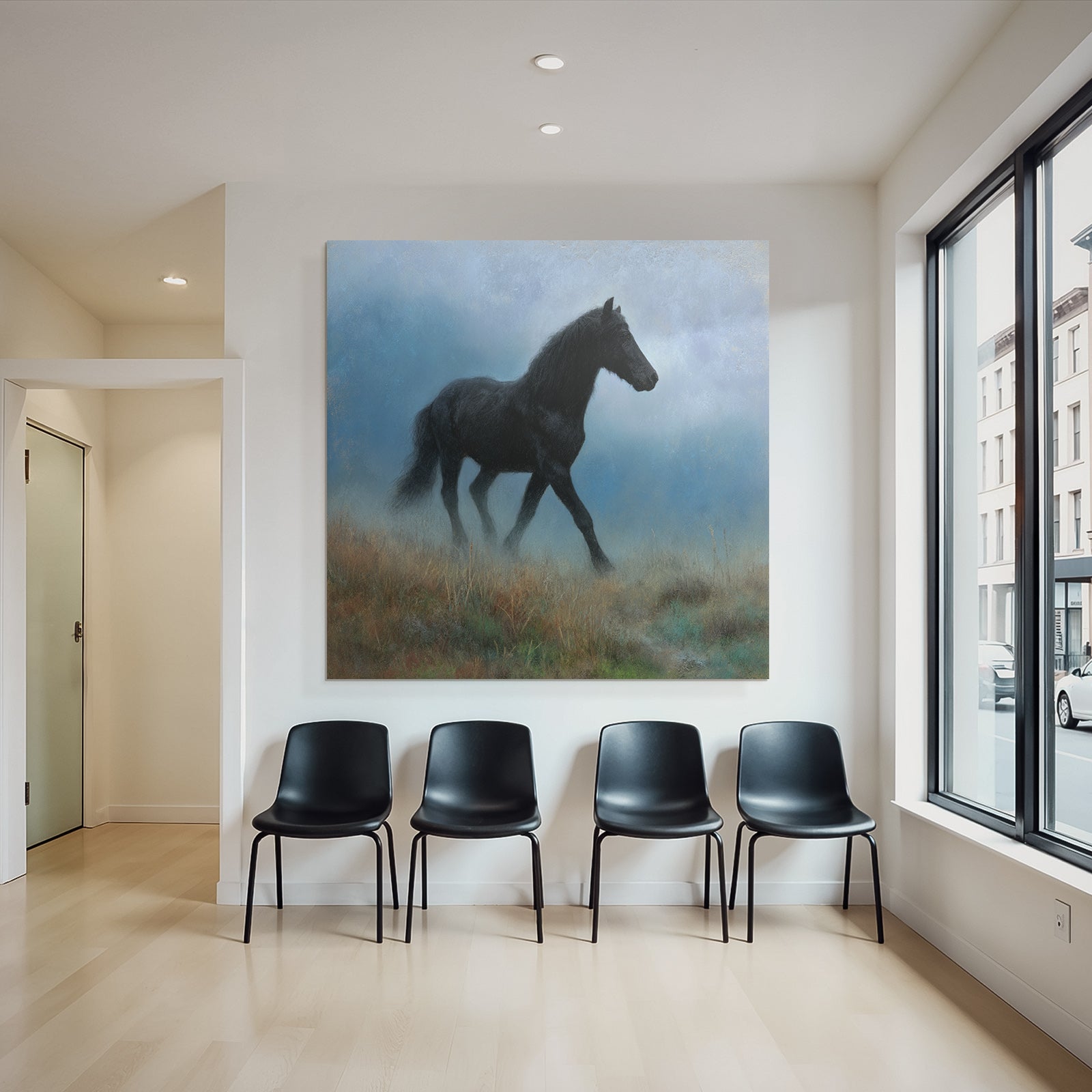 Schwarzes Pferd Im Nebel