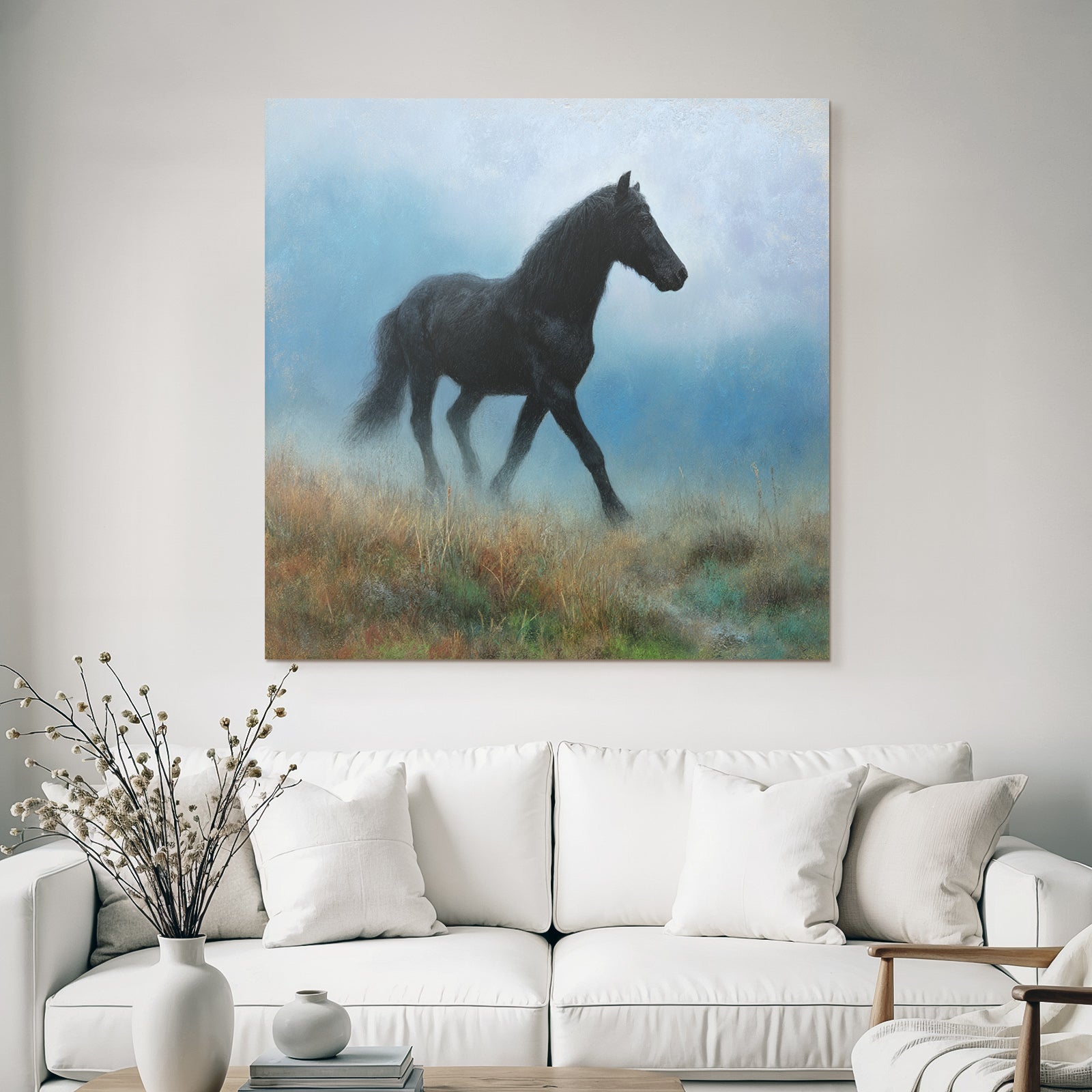 Schwarzes Pferd Im Nebel