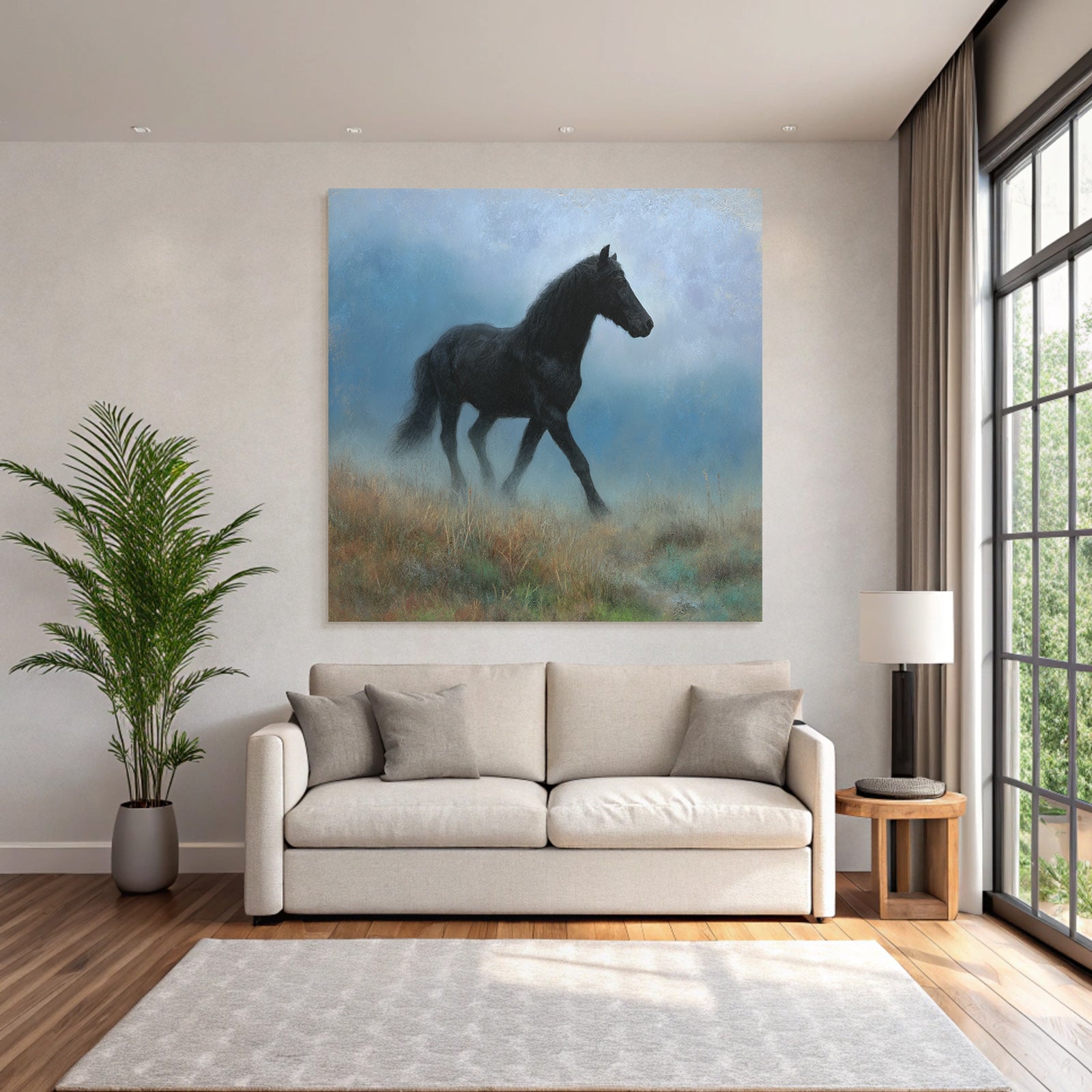 Schwarzes Pferd Im Nebel