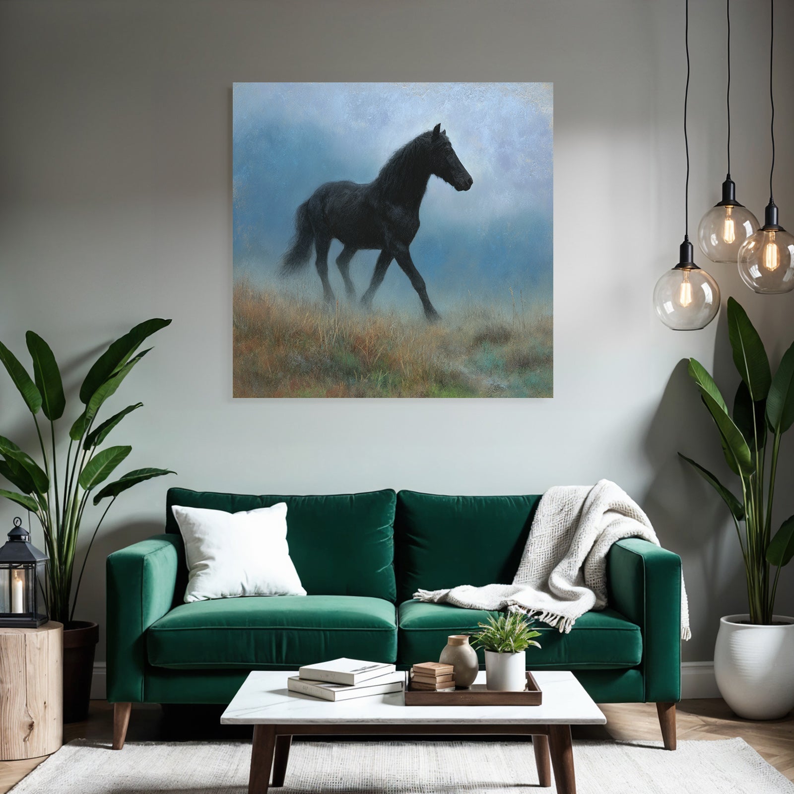 Schwarzes Pferd Im Nebel