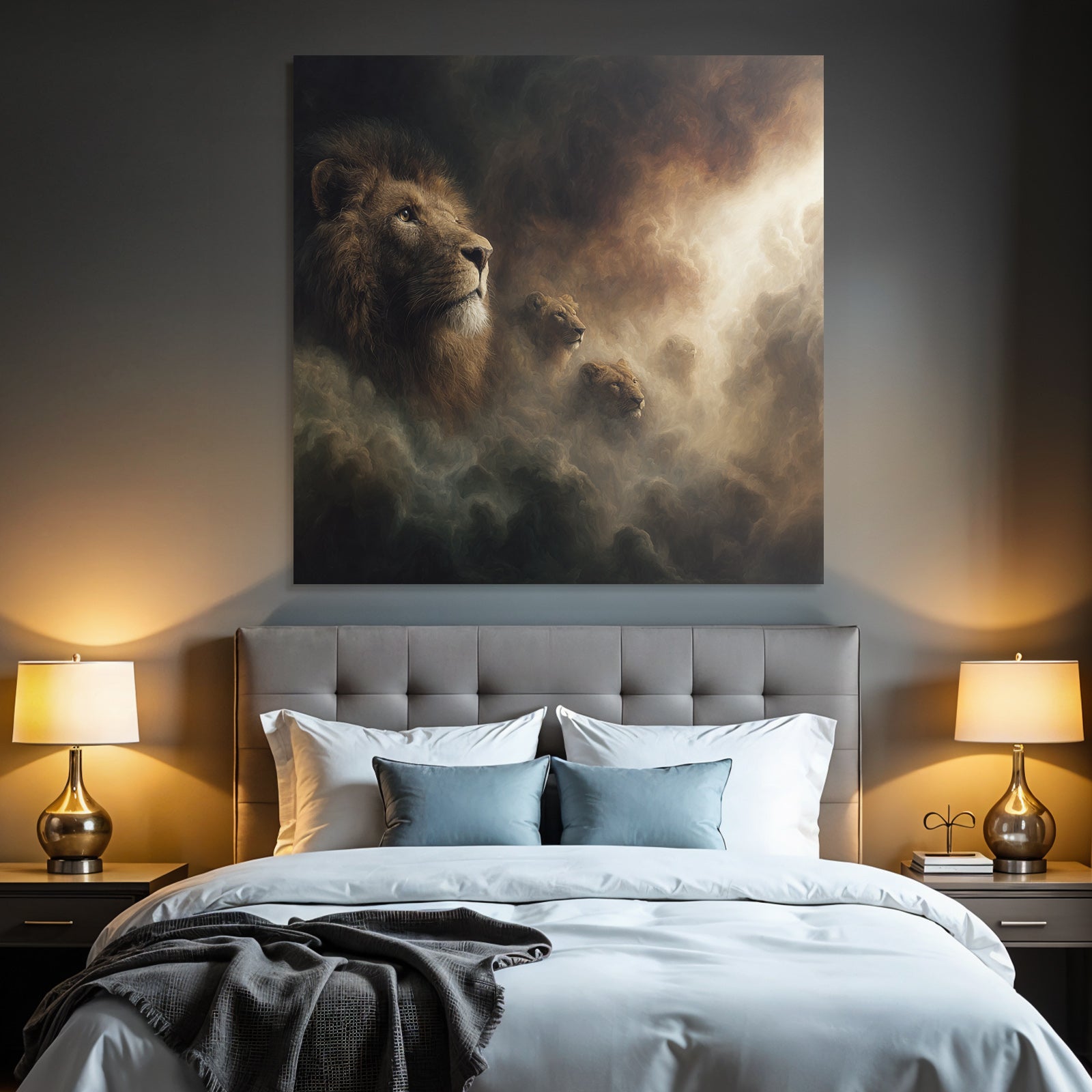 Stylized lions with dramatic background