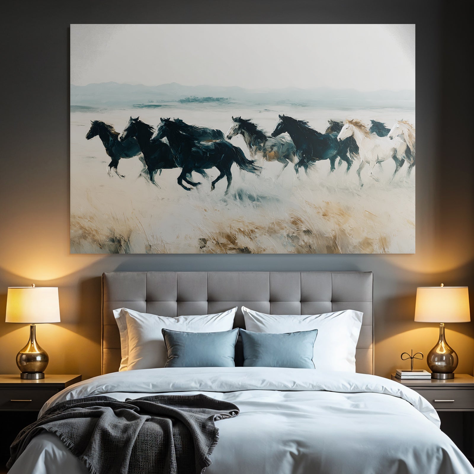 Group of horses running blurred landscape artwork