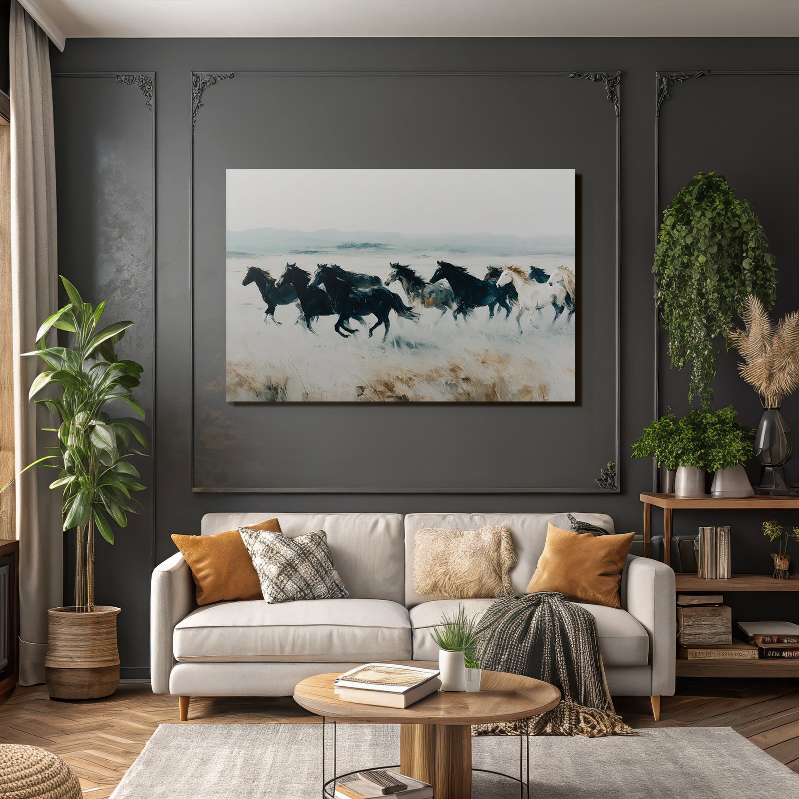 Group of horses running blurred landscape artwork