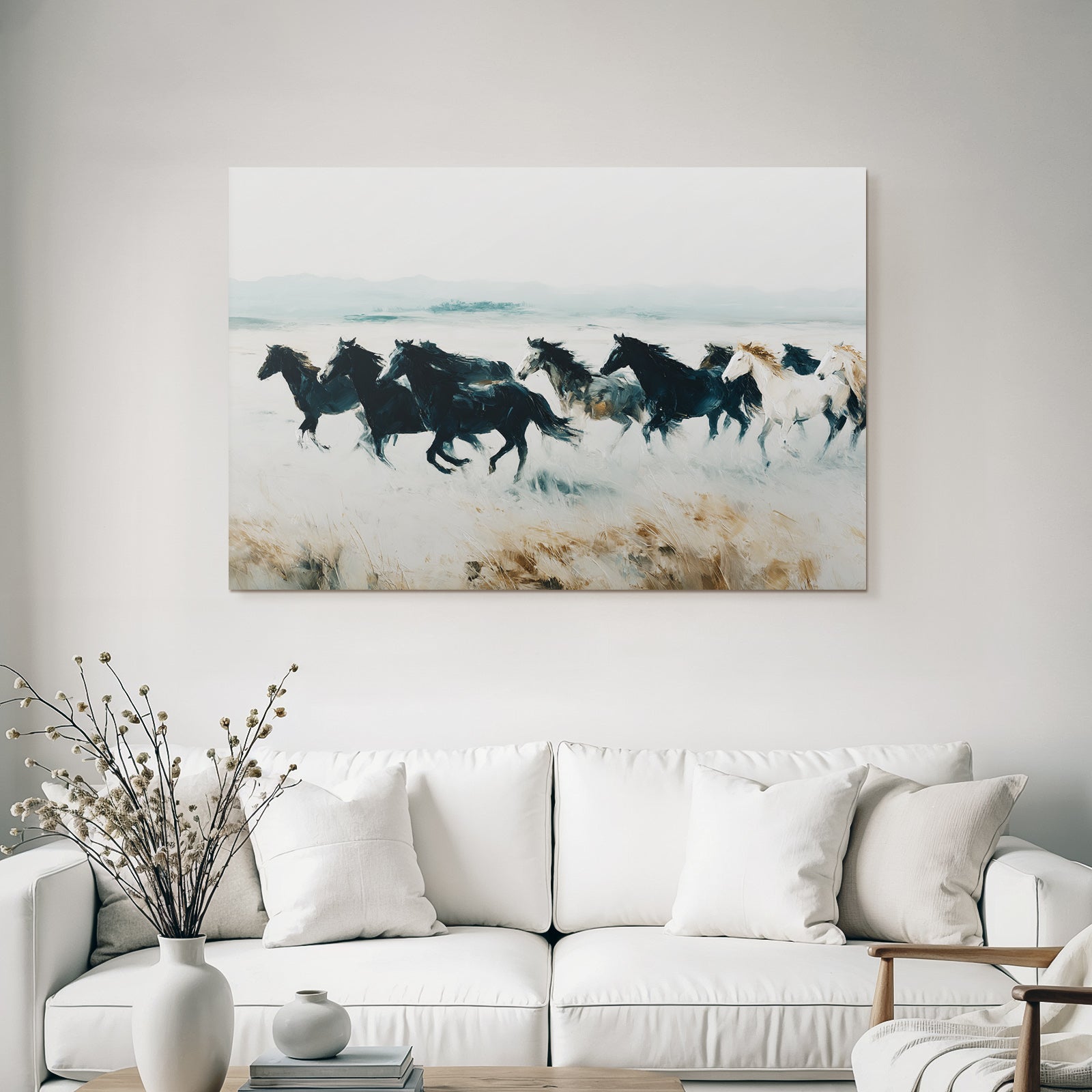 Group of horses running blurred landscape artwork