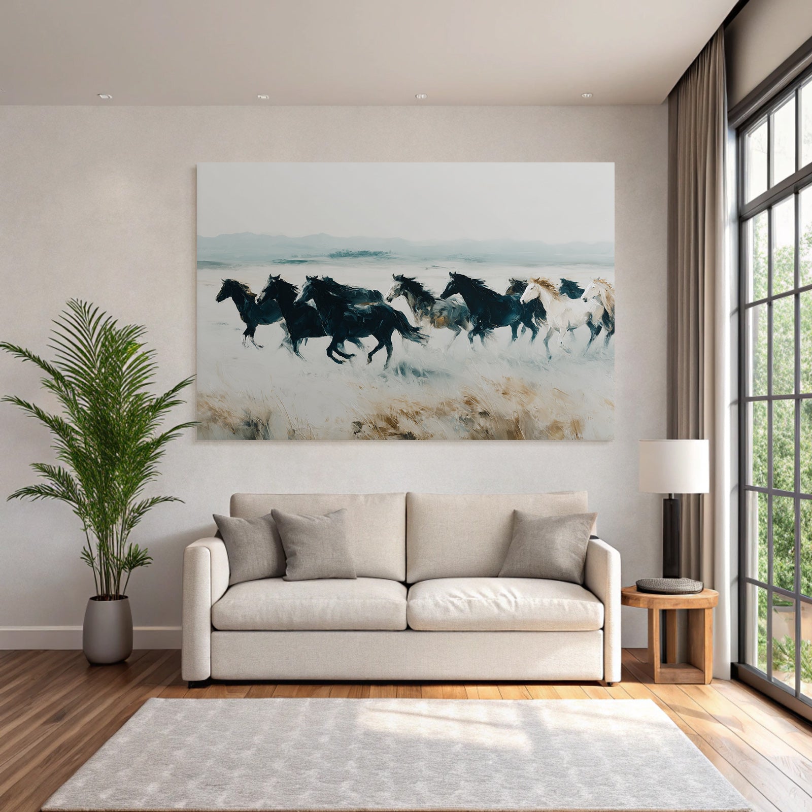 Group of horses running blurred landscape artwork