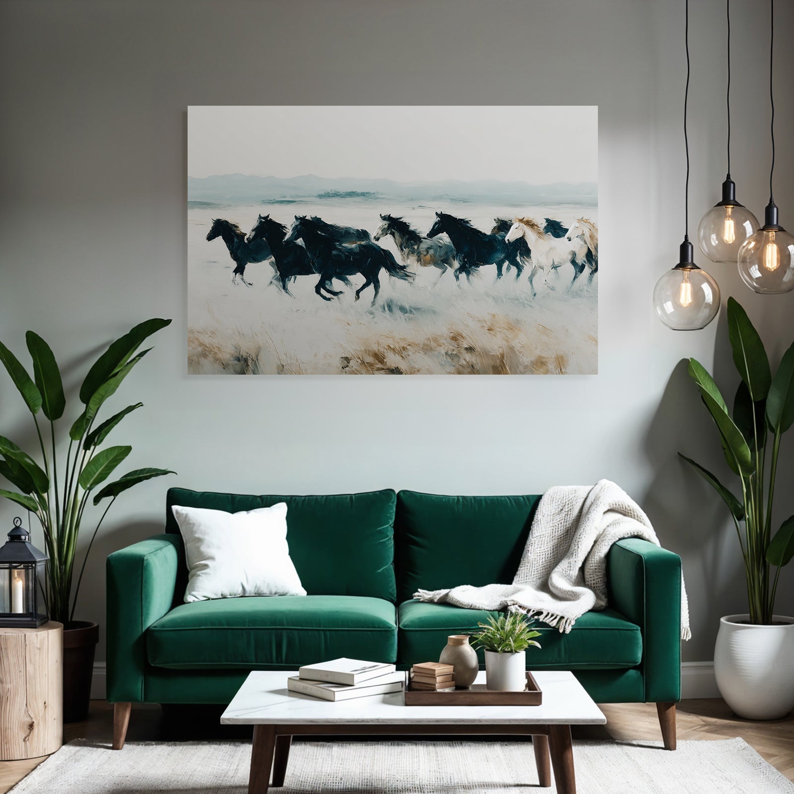 Group of horses running blurred landscape artwork