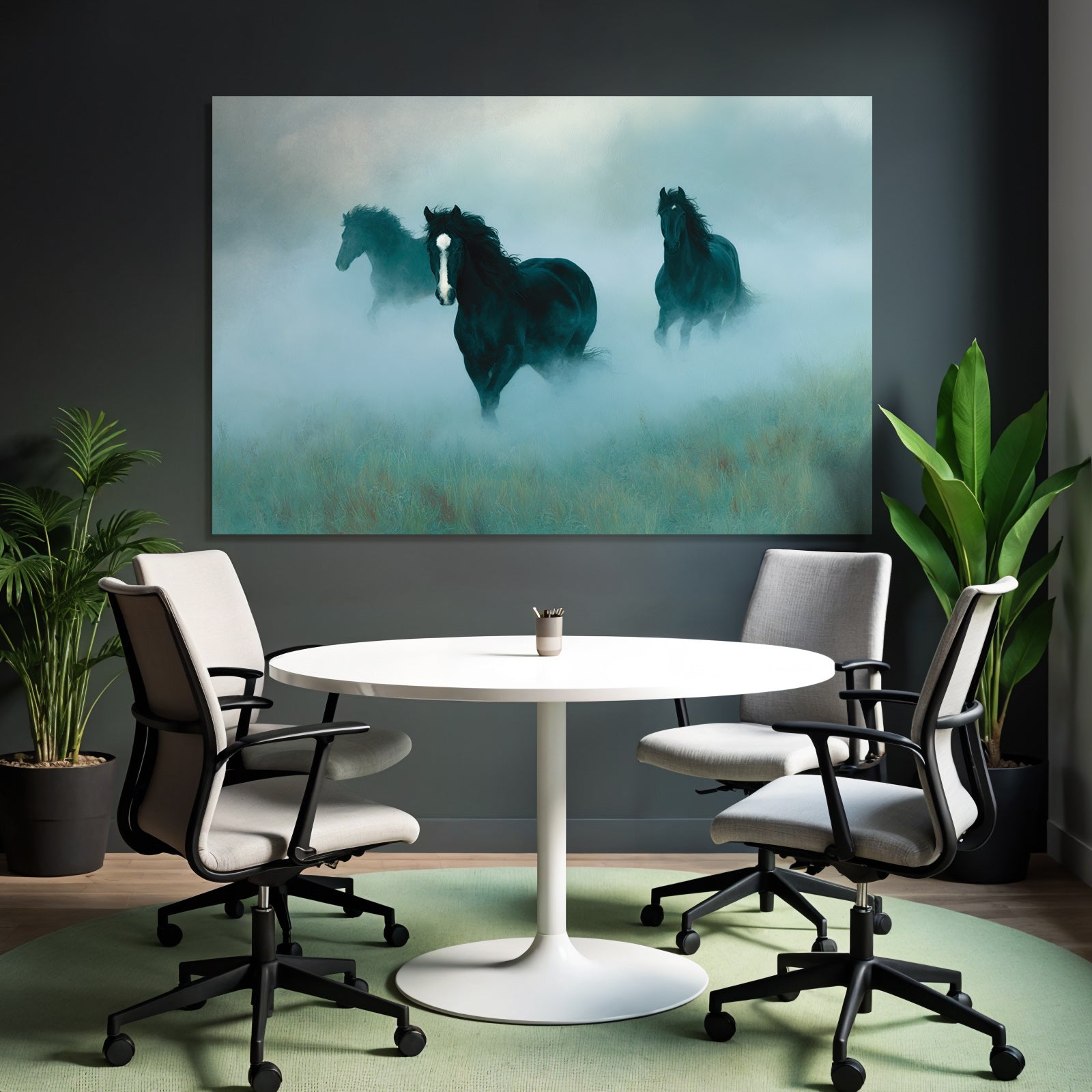 Black horses in the fog, dreamlike landscape
