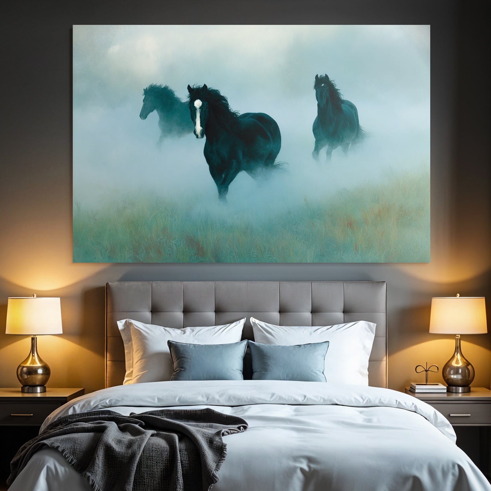 Black horses in the fog, dreamlike landscape