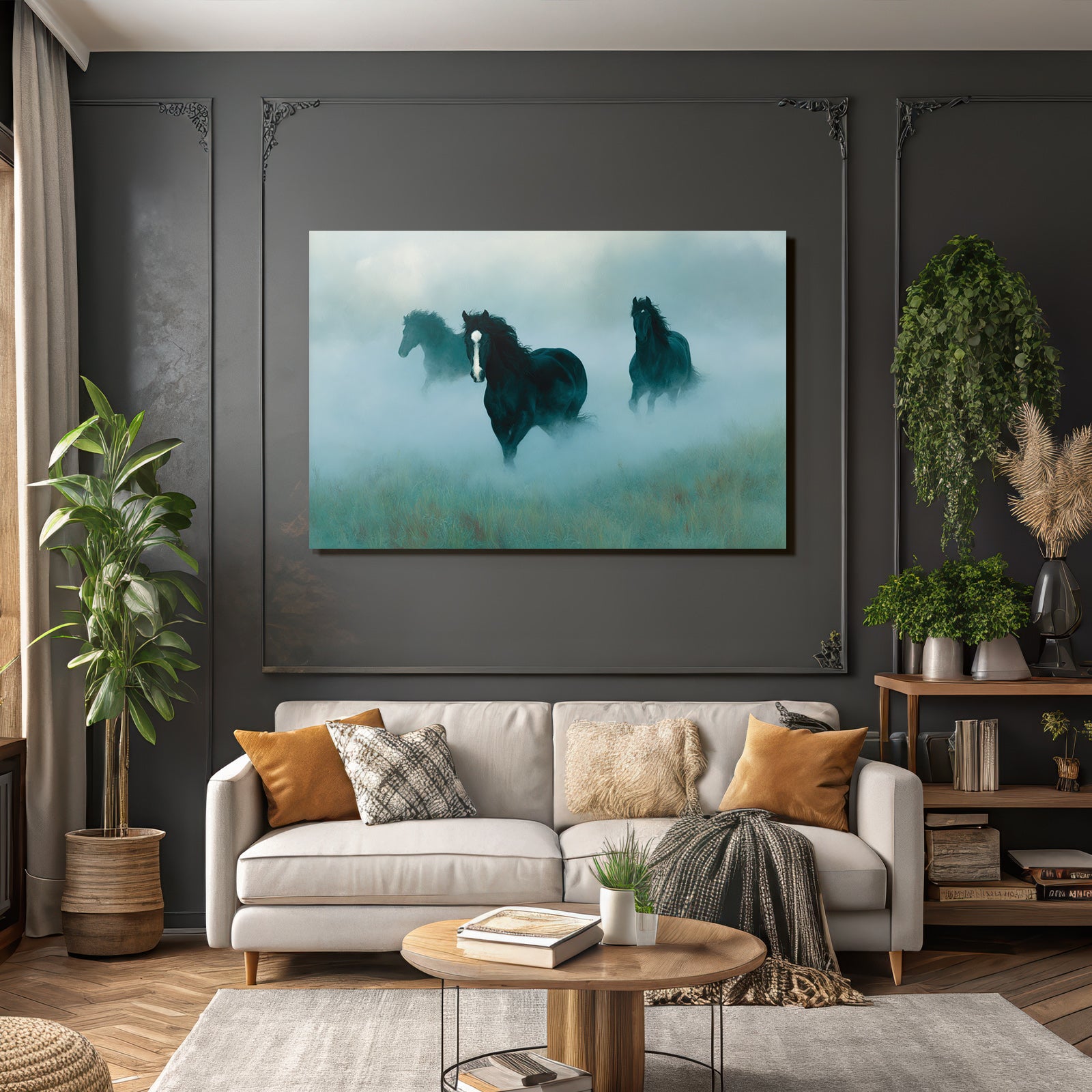 Black horses in the fog, dreamlike landscape