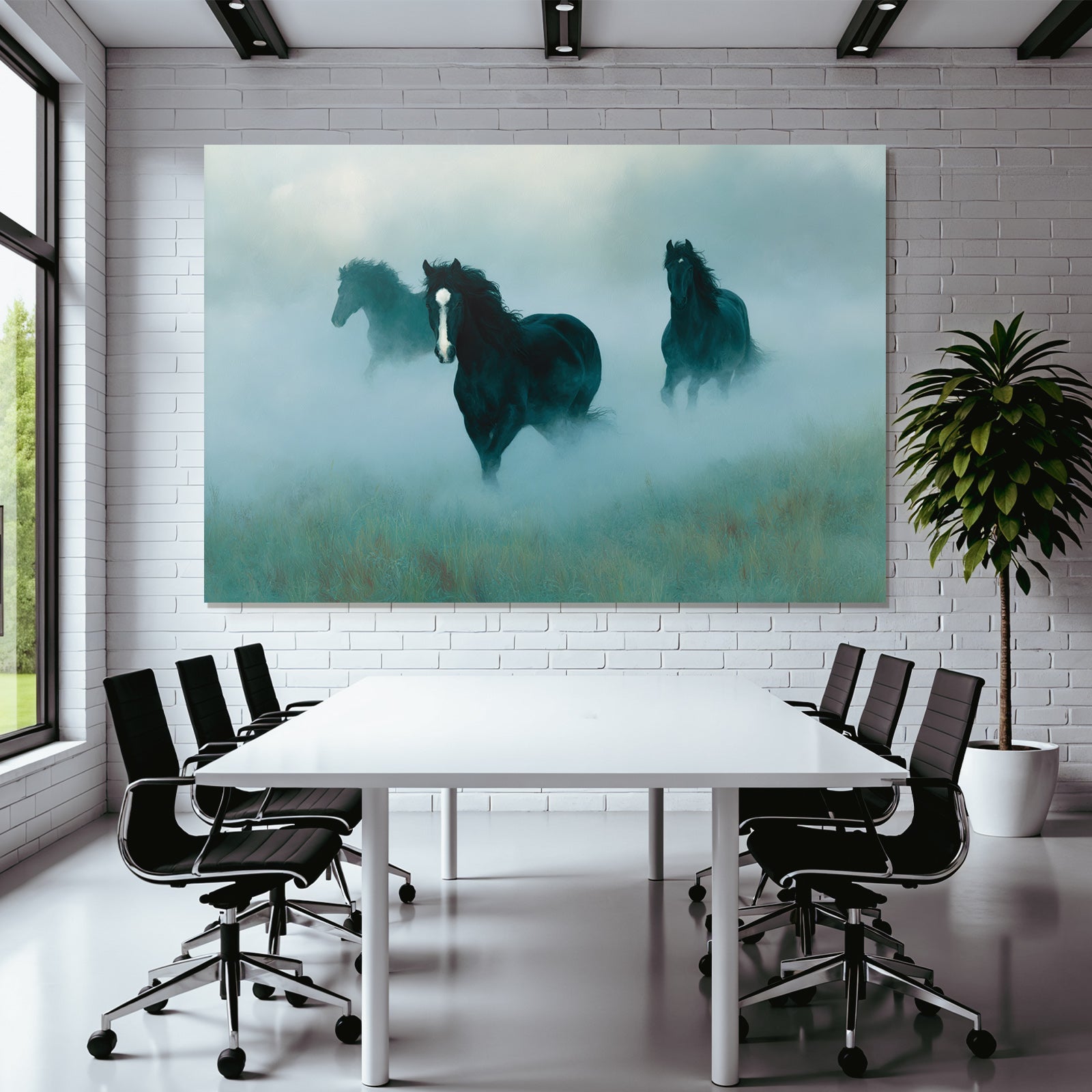 Black horses in the fog, dreamlike landscape