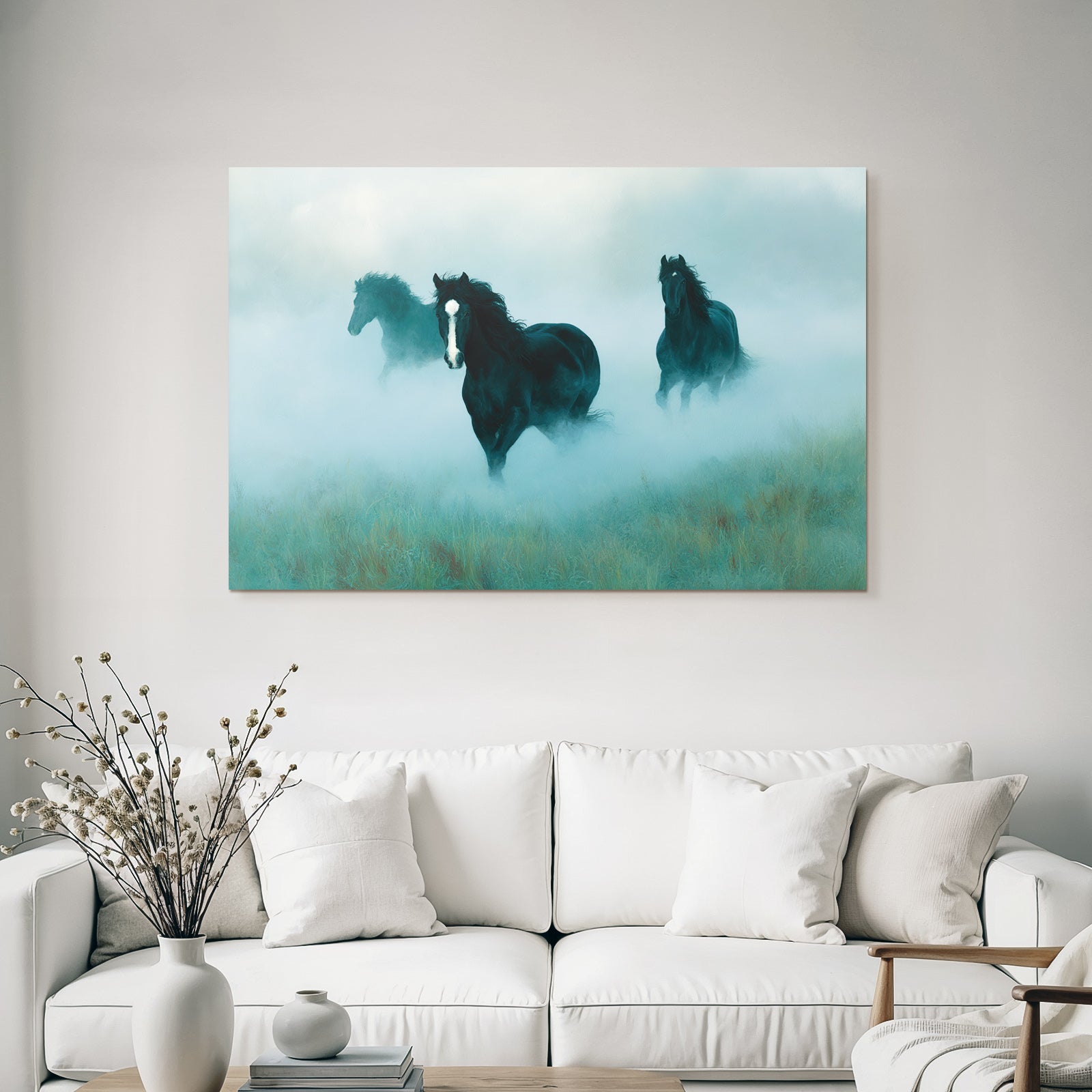Black horses in the fog, dreamlike landscape