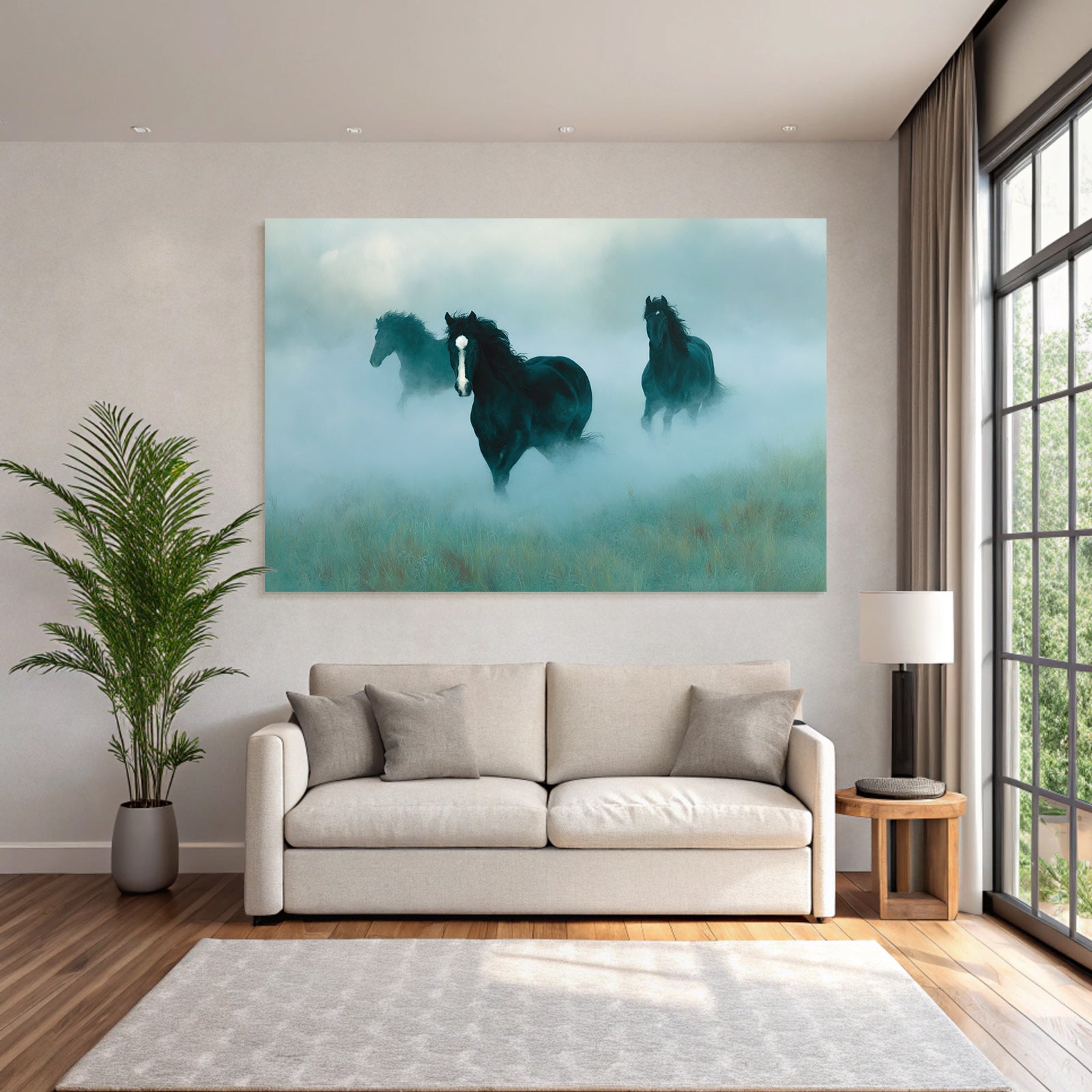 Black horses in the fog, dreamlike landscape