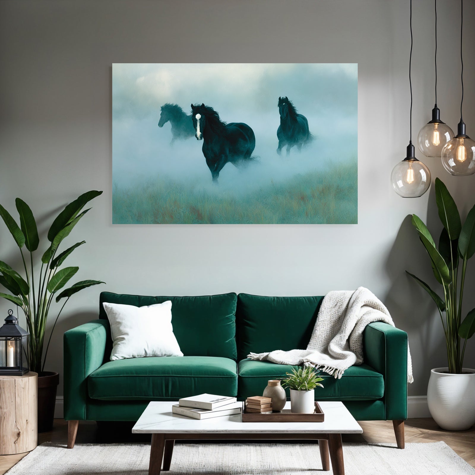 Black horses in the fog, dreamlike landscape