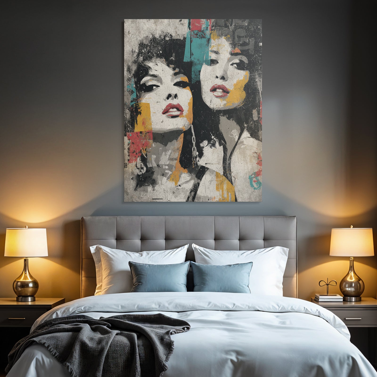 Two women faces grunge style abstract artwork
