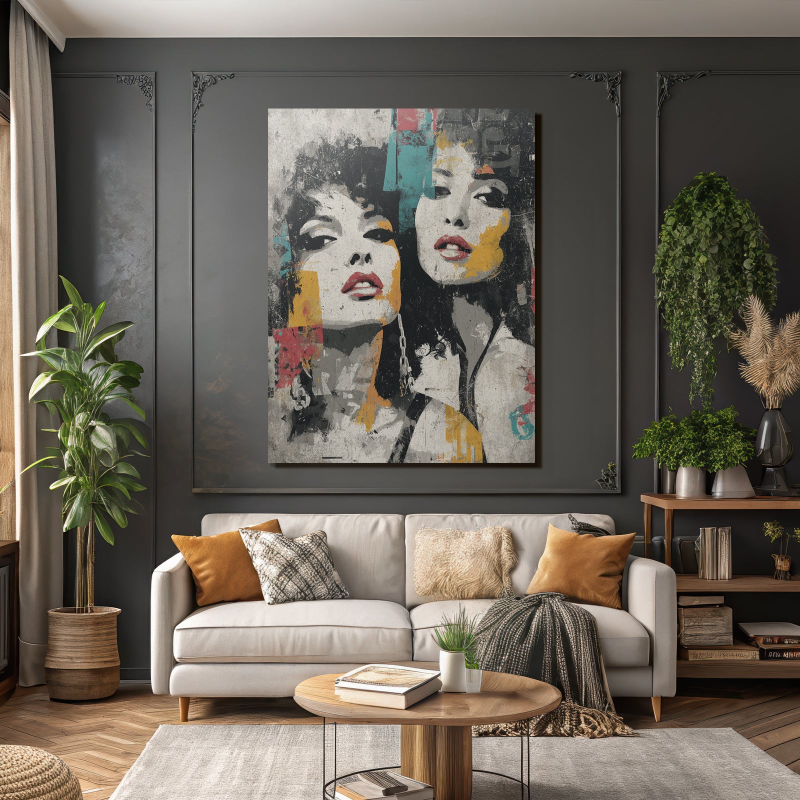 Two women faces grunge style abstract artwork