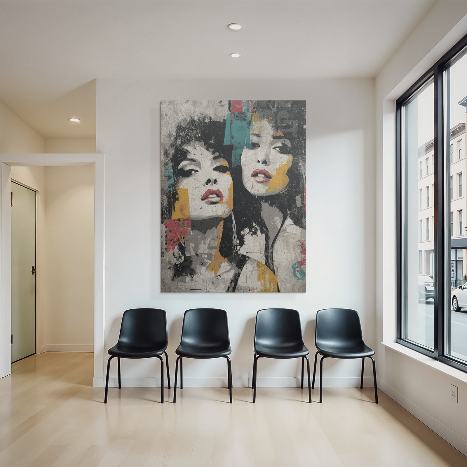 Two women faces grunge style abstract artwork