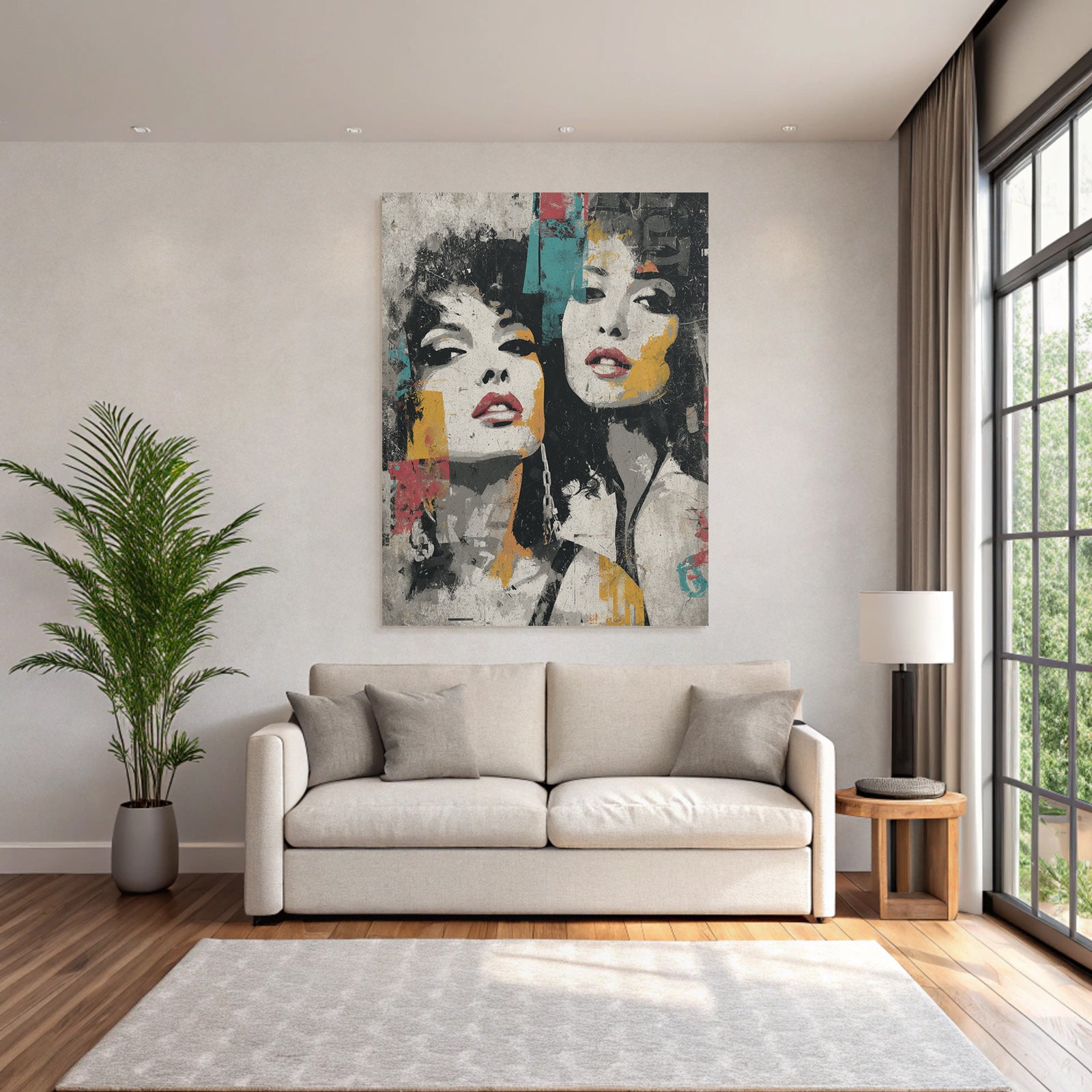 Two women faces grunge style abstract artwork