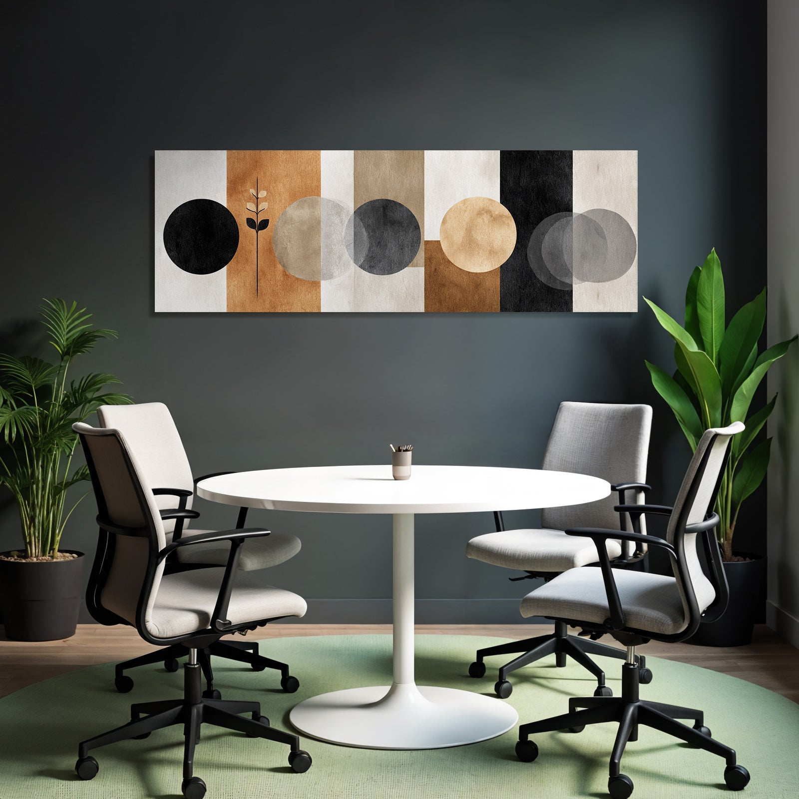 Modern Abstract Design Circles and Vertical Stripes Black White Beige Brown