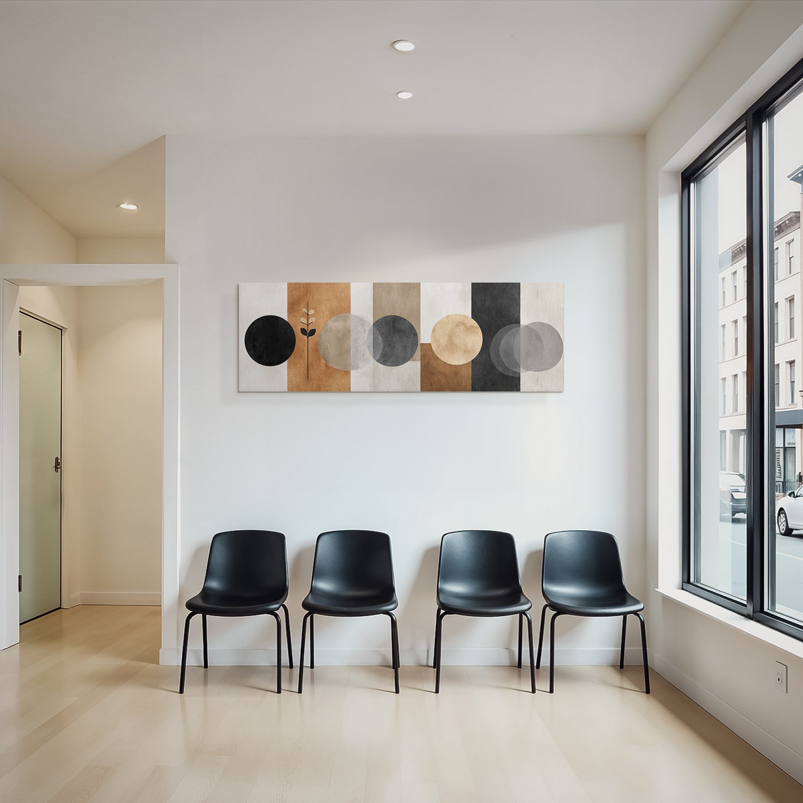 Modern Abstract Design Circles and Vertical Stripes Black White Beige Brown