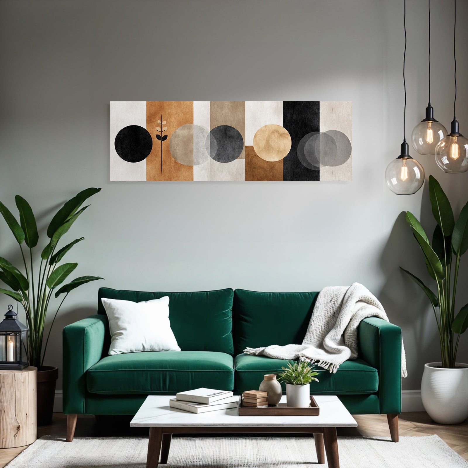 Modern Abstract Design Circles and Vertical Stripes Black White Beige Brown