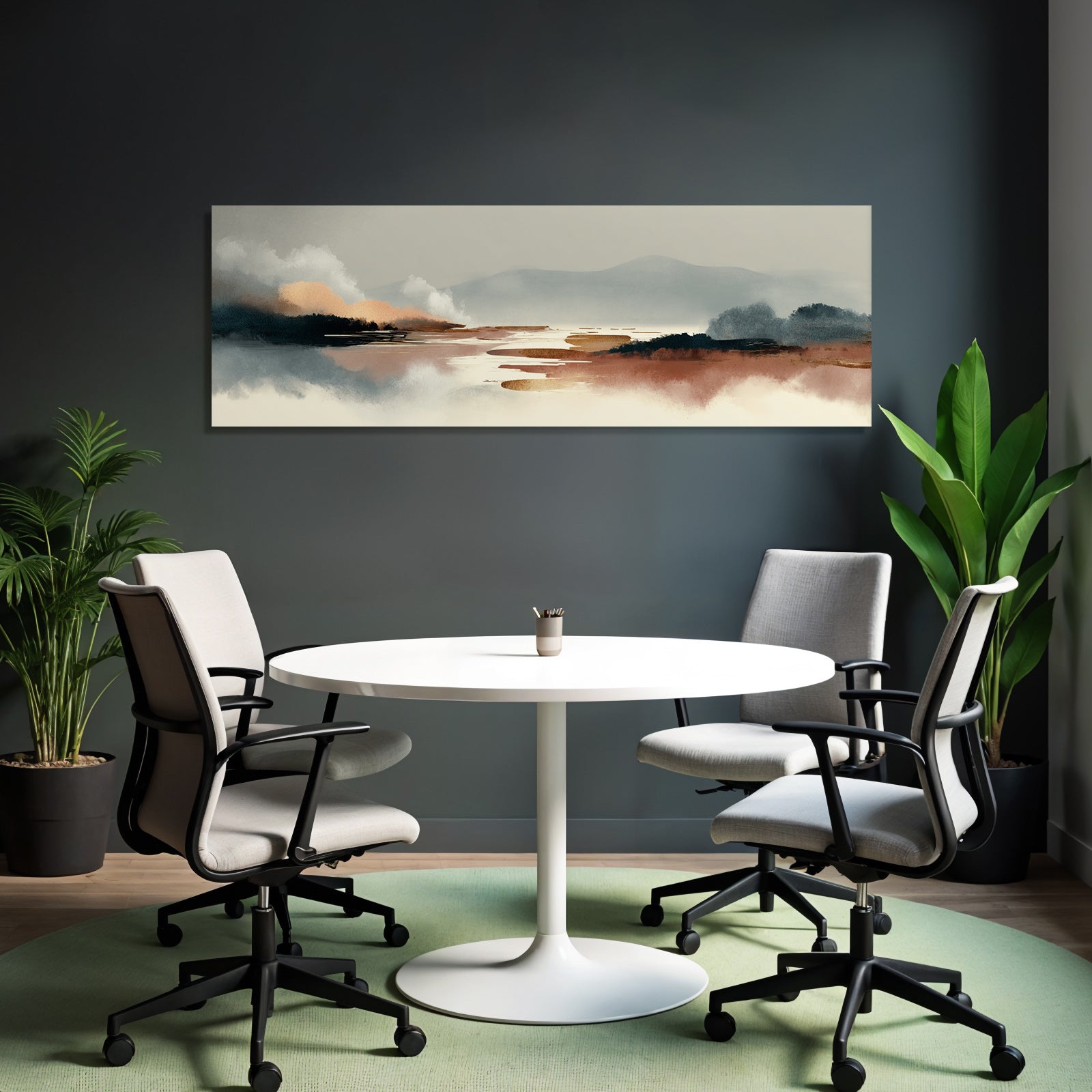 Serene Landscape Illustration Abstract Elements Soft Tones Gray Blue Orange Brown