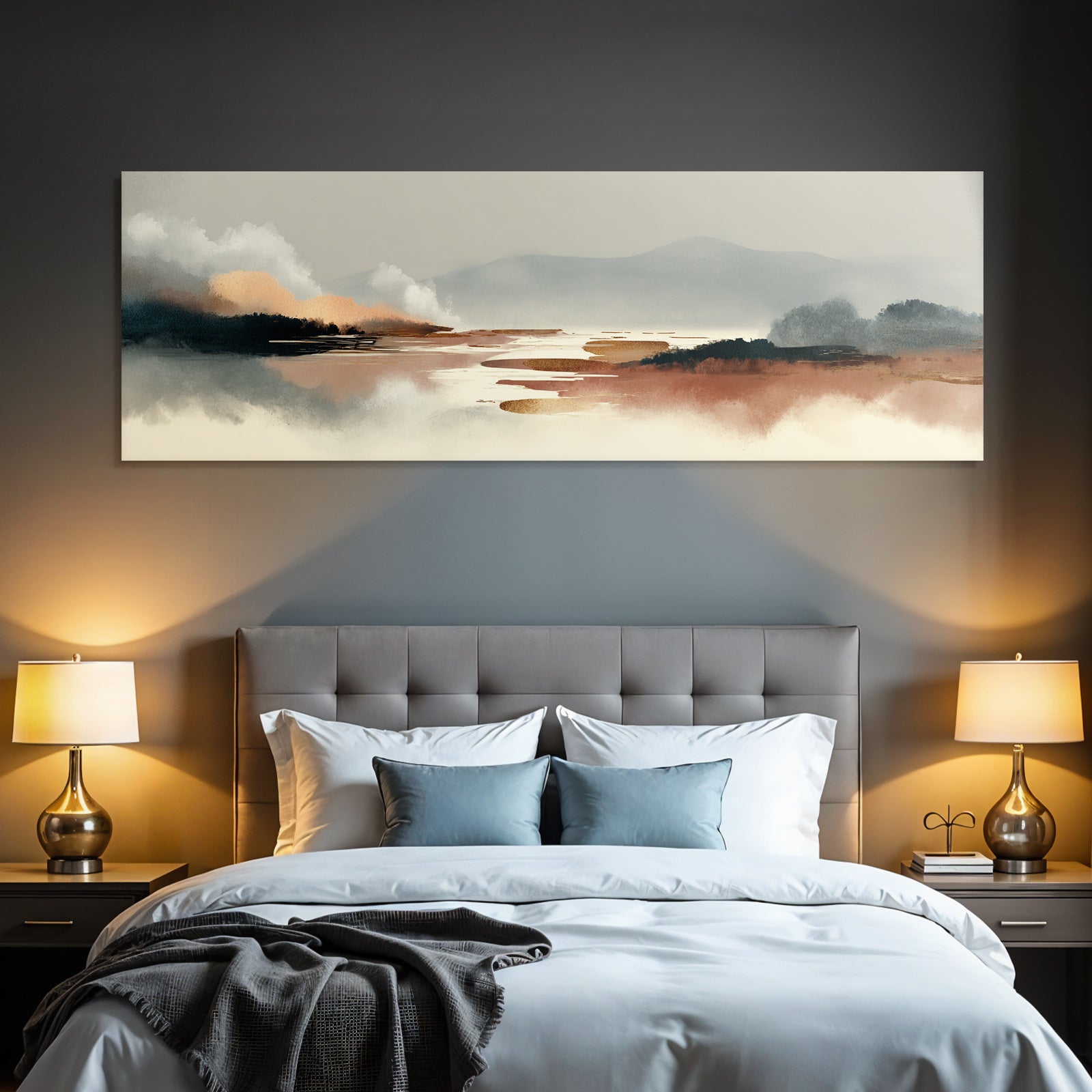 Serene Landscape Illustration Abstract Elements Soft Tones Gray Blue Orange Brown