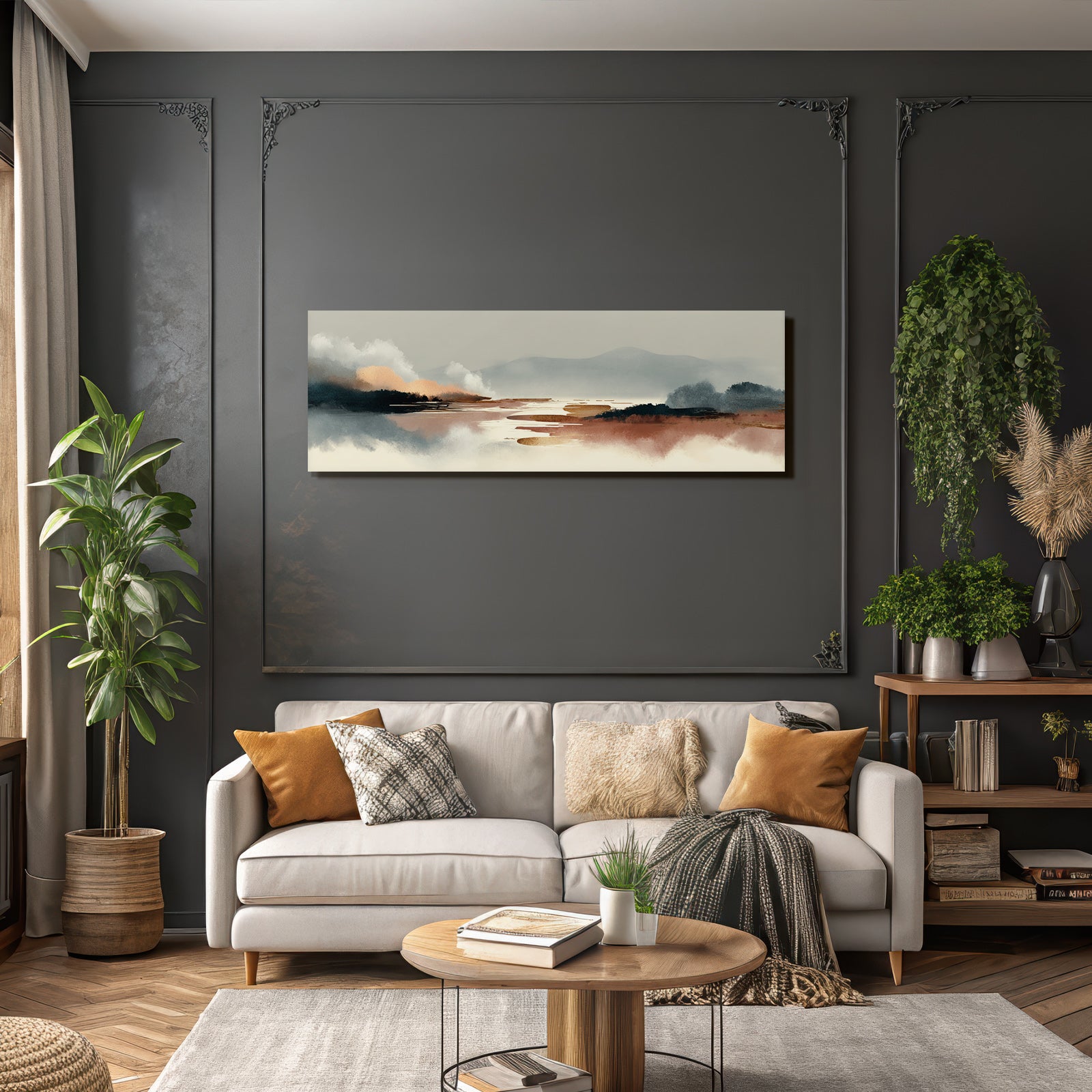 Serene Landscape Illustration Abstract Elements Soft Tones Gray Blue Orange Brown