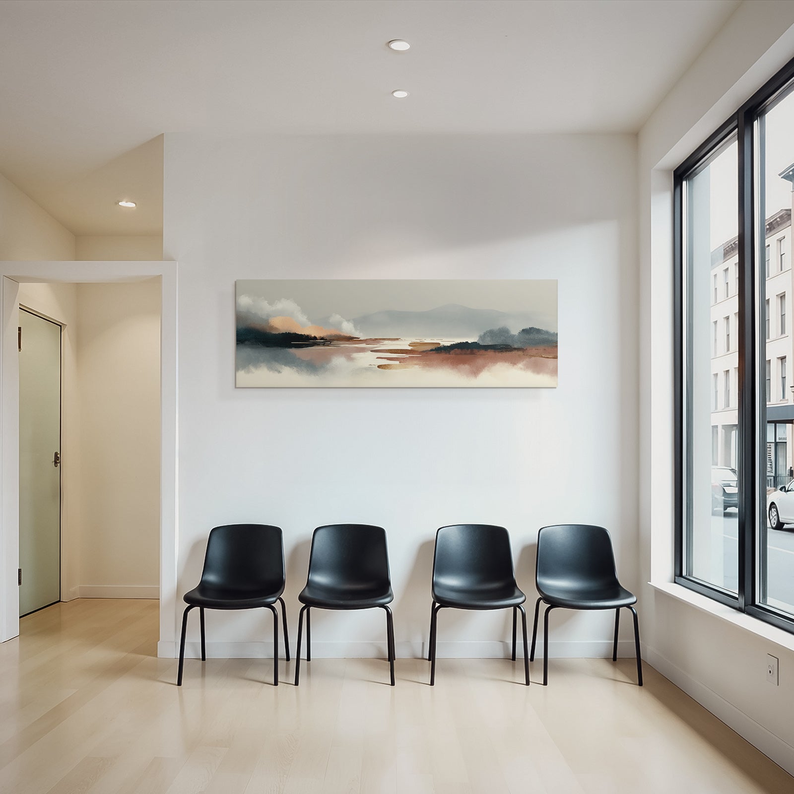 Serene Landscape Illustration Abstract Elements Soft Tones Gray Blue Orange Brown