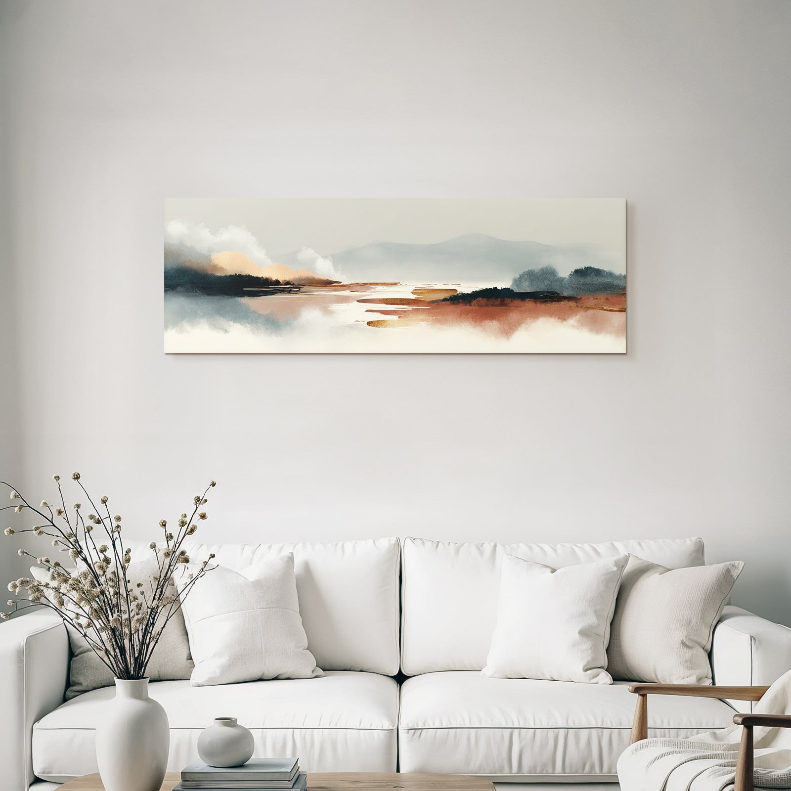 Serene Landscape Illustration Abstract Elements Soft Tones Gray Blue Orange Brown
