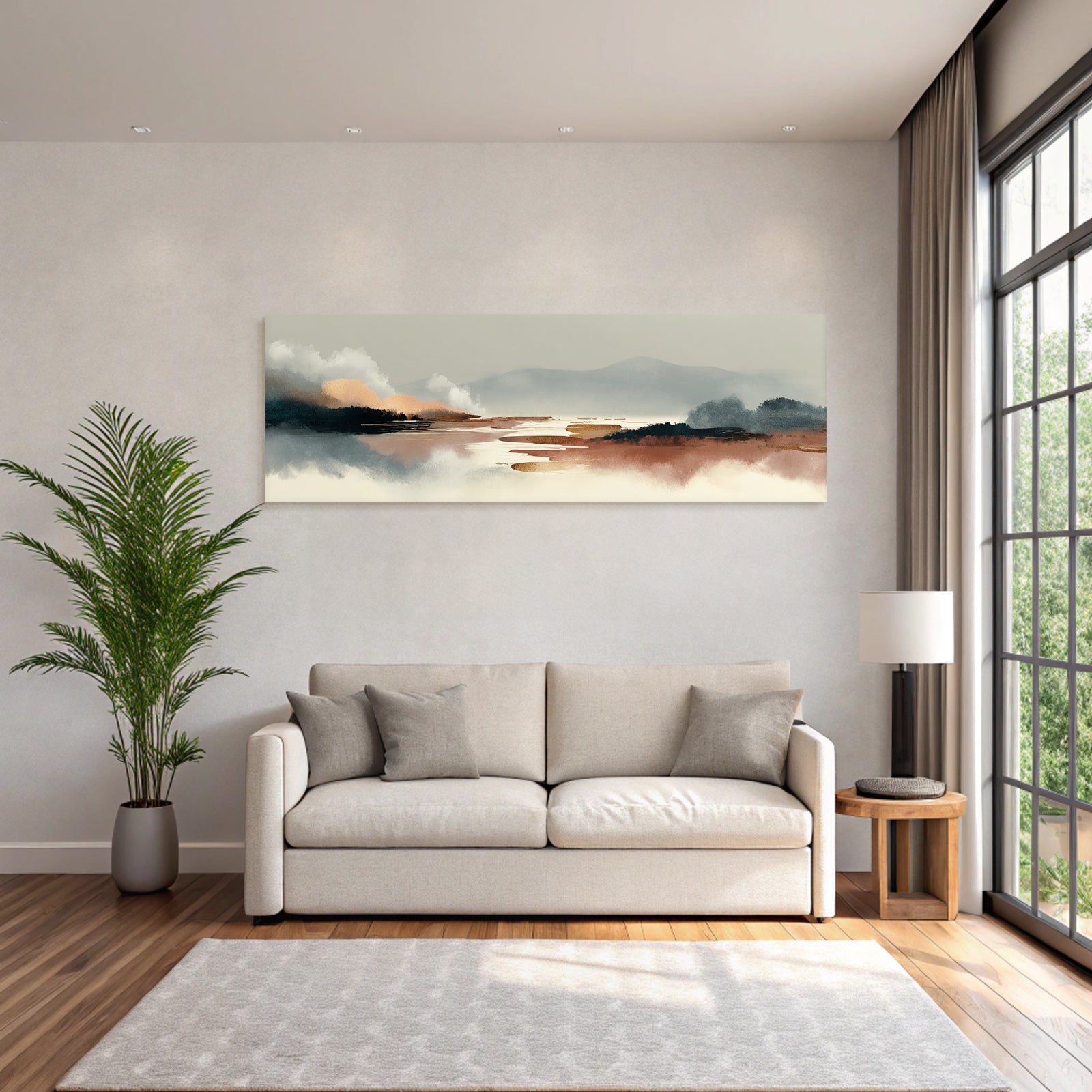 Serene Landscape Illustration Abstract Elements Soft Tones Gray Blue Orange Brown