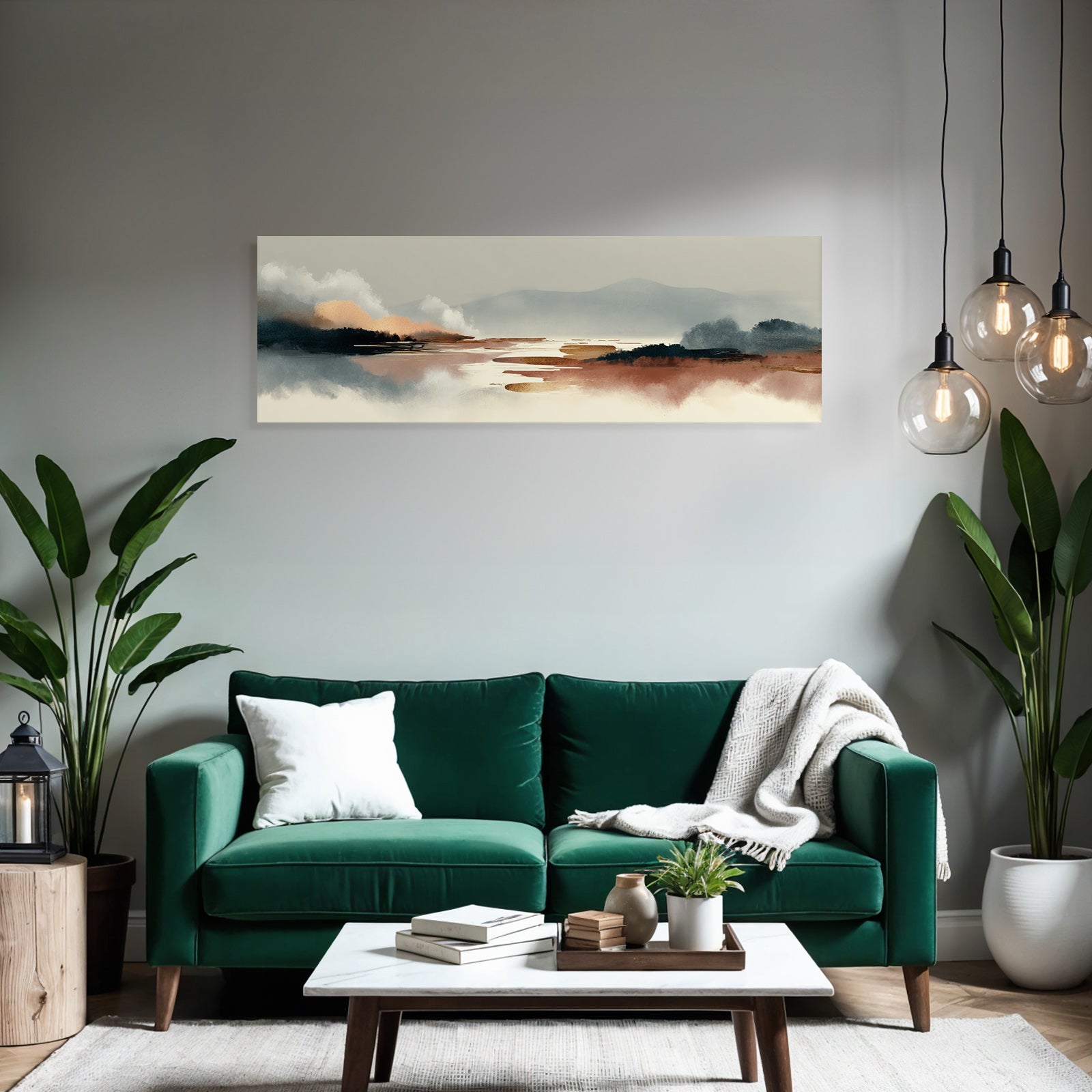 Serene Landscape Illustration Abstract Elements Soft Tones Gray Blue Orange Brown