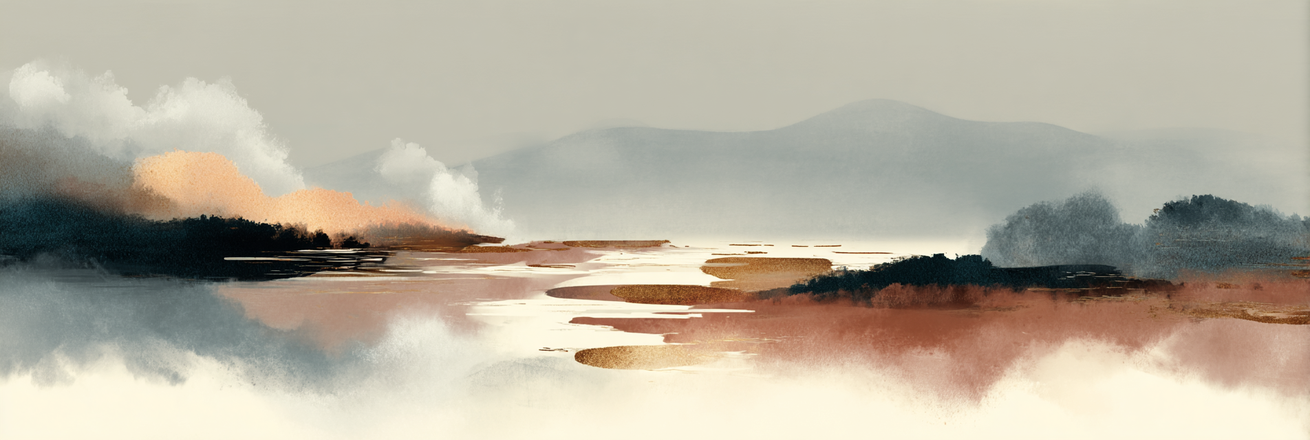 Serene Landscape Illustration Abstract Elements Soft Tones Gray Blue Orange Brown | Japandi | Einrichtungsstile