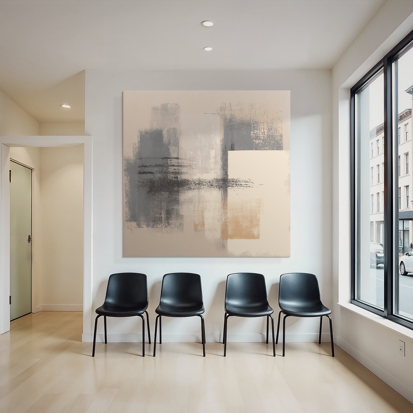 Abstract painting with shades of gray, beige, and gold