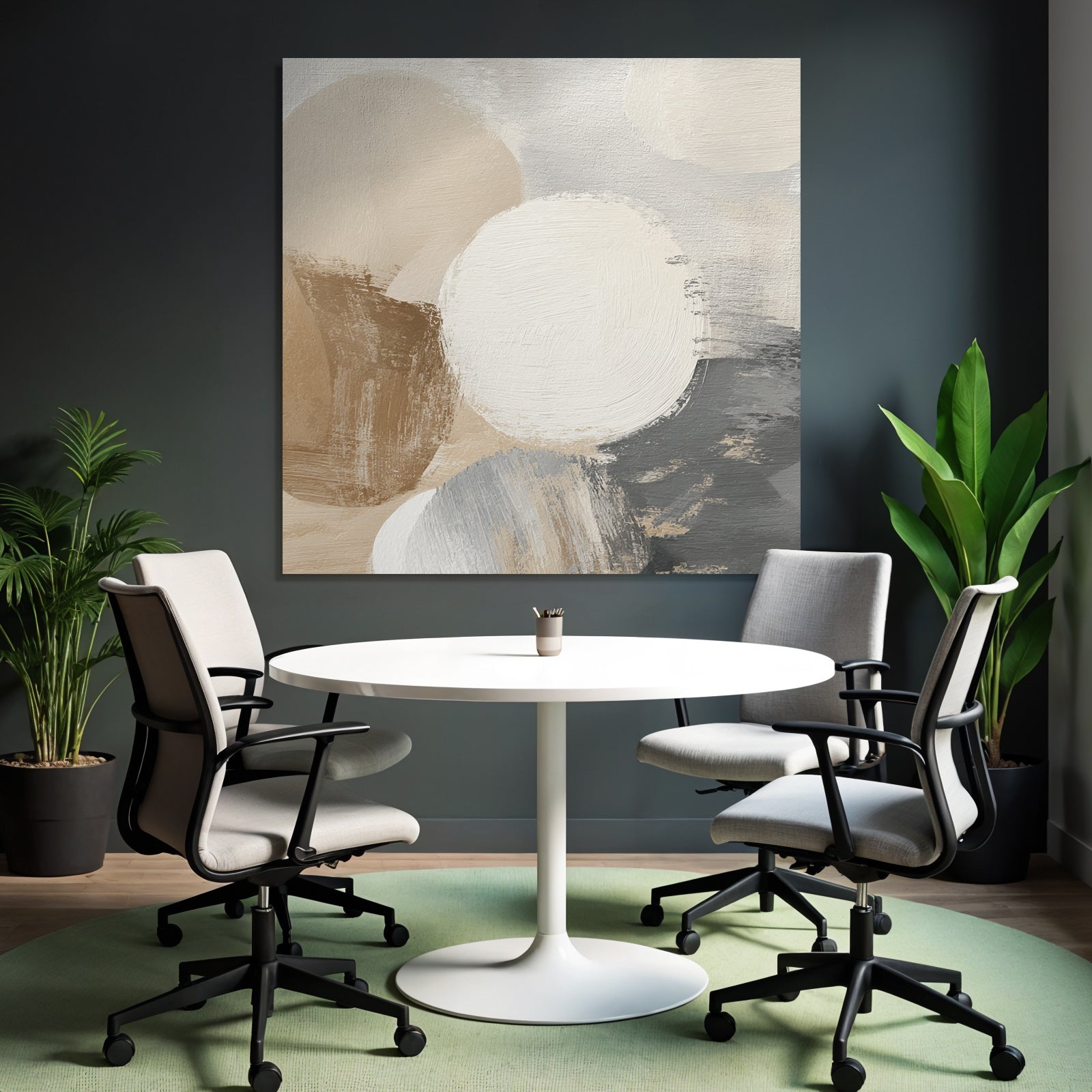 Abstract Painting Circular Shapes Beige White Gray