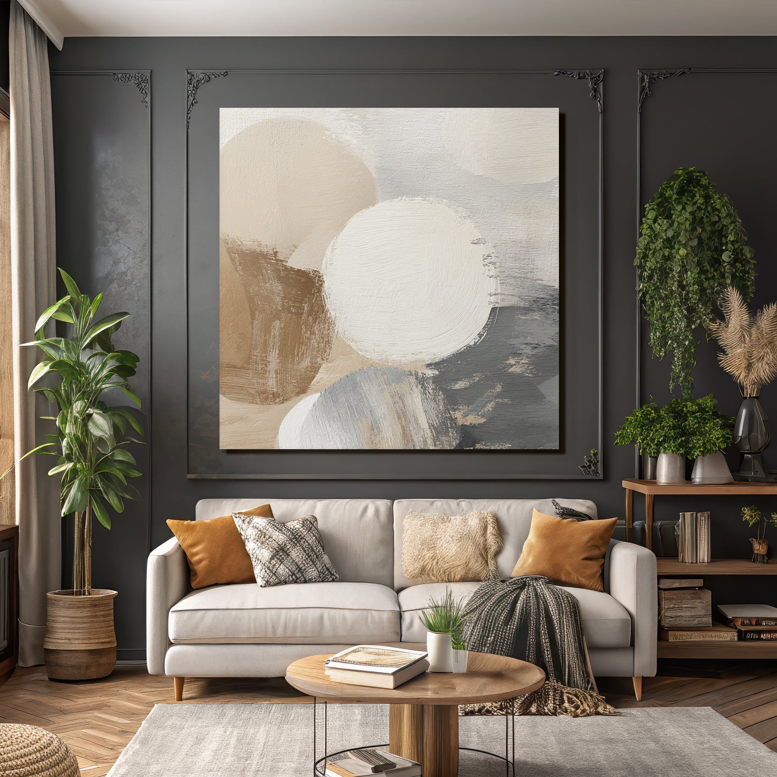 Abstract Painting Circular Shapes Beige White Gray