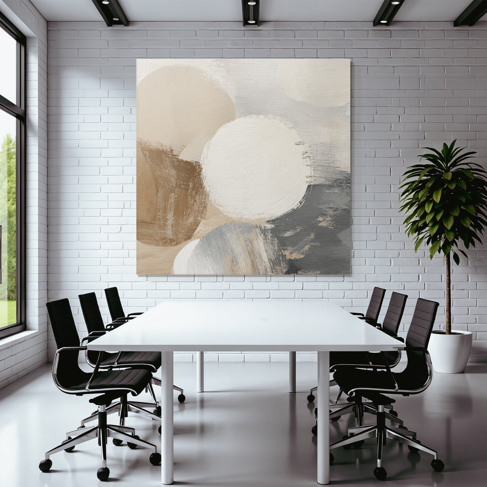 Abstract Painting Circular Shapes Beige White Gray