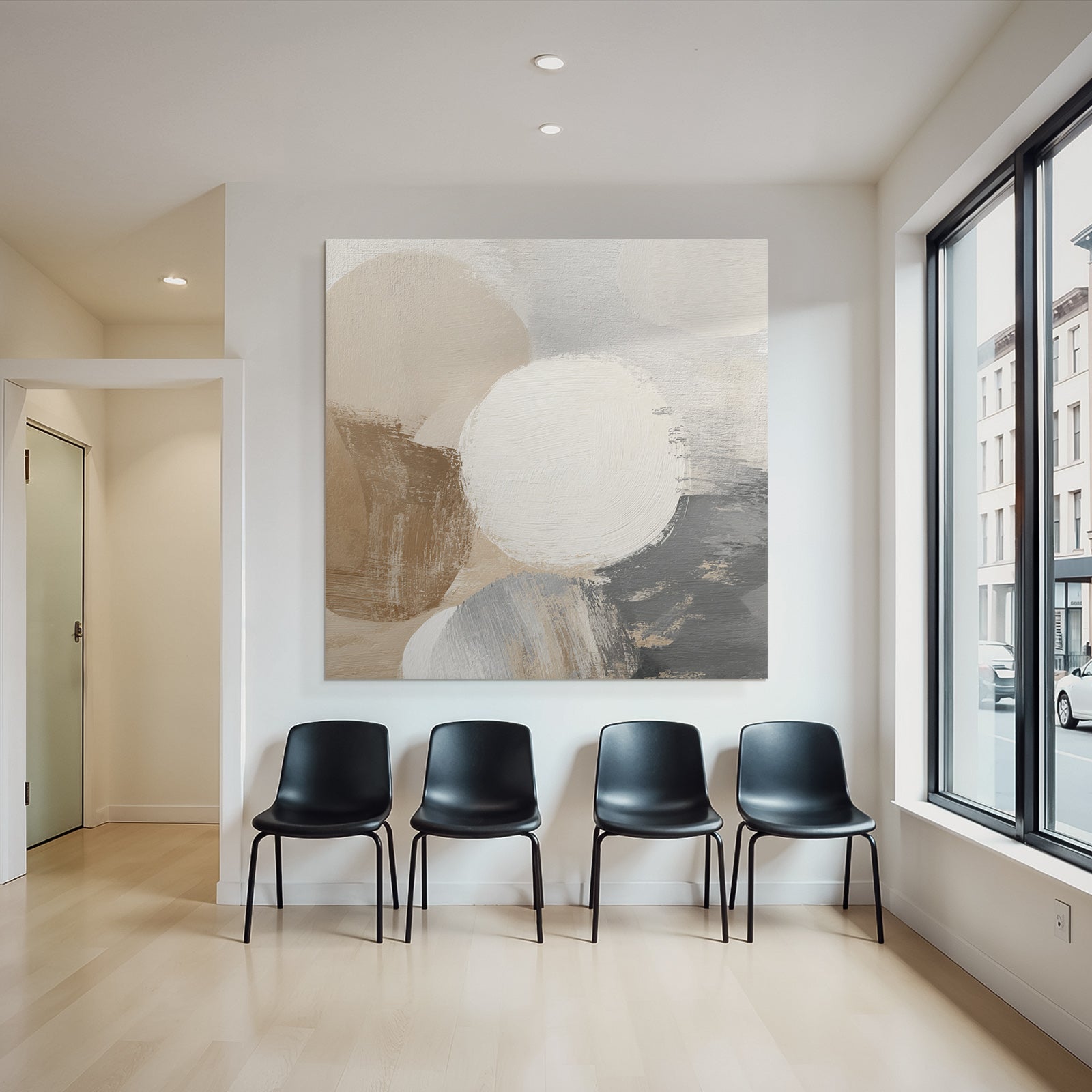 Abstract Painting Circular Shapes Beige White Gray