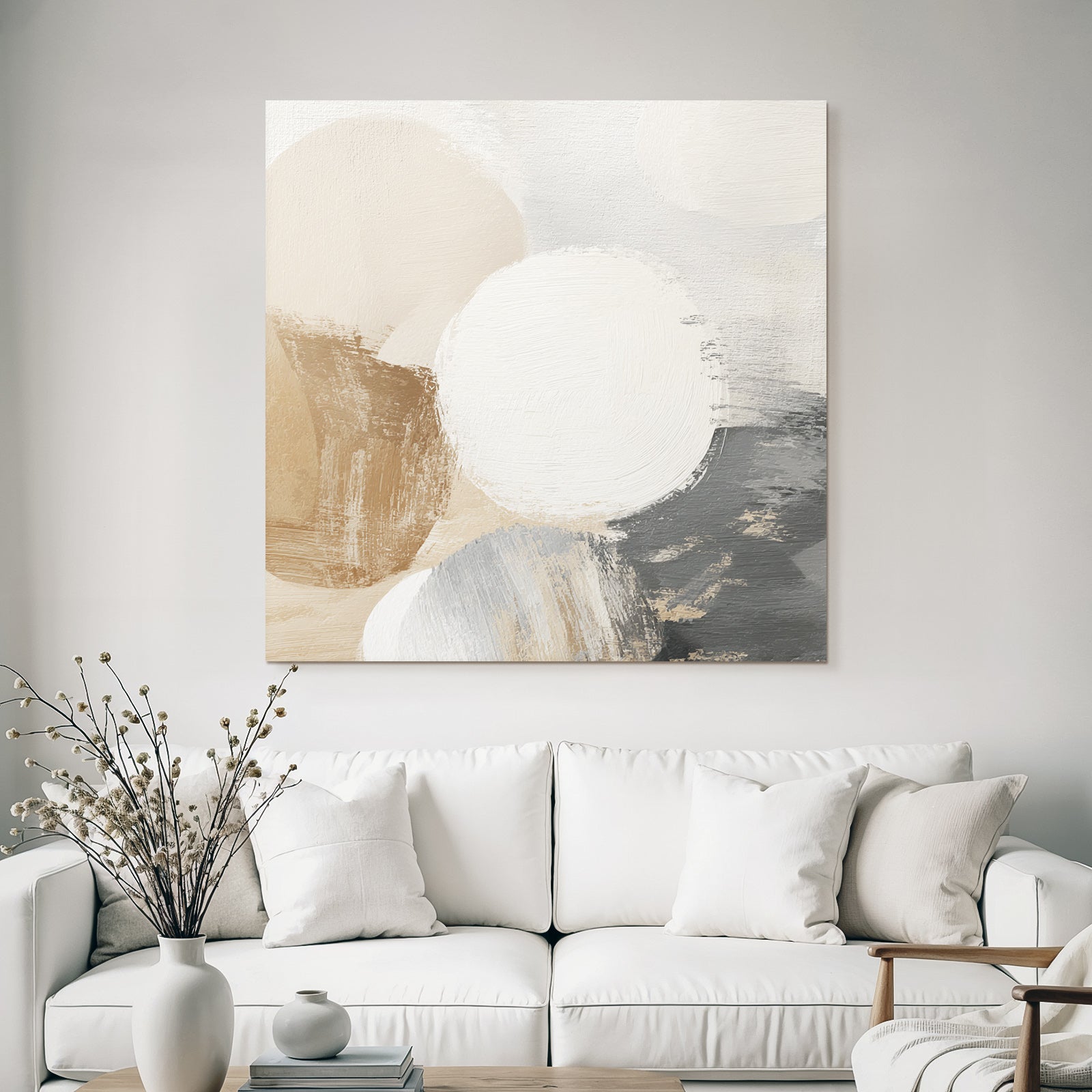 Abstract Painting Circular Shapes Beige White Gray