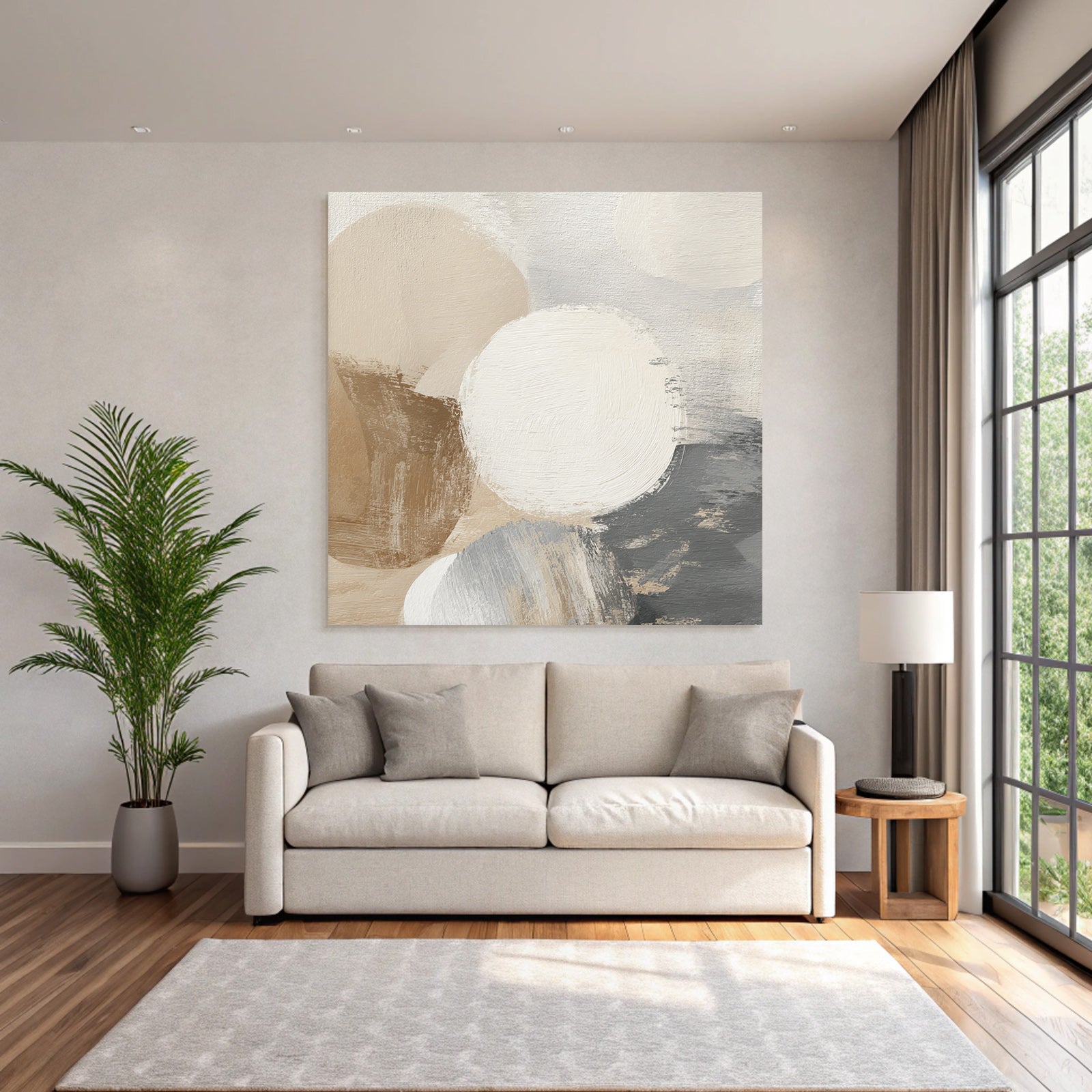 Abstract Painting Circular Shapes Beige White Gray