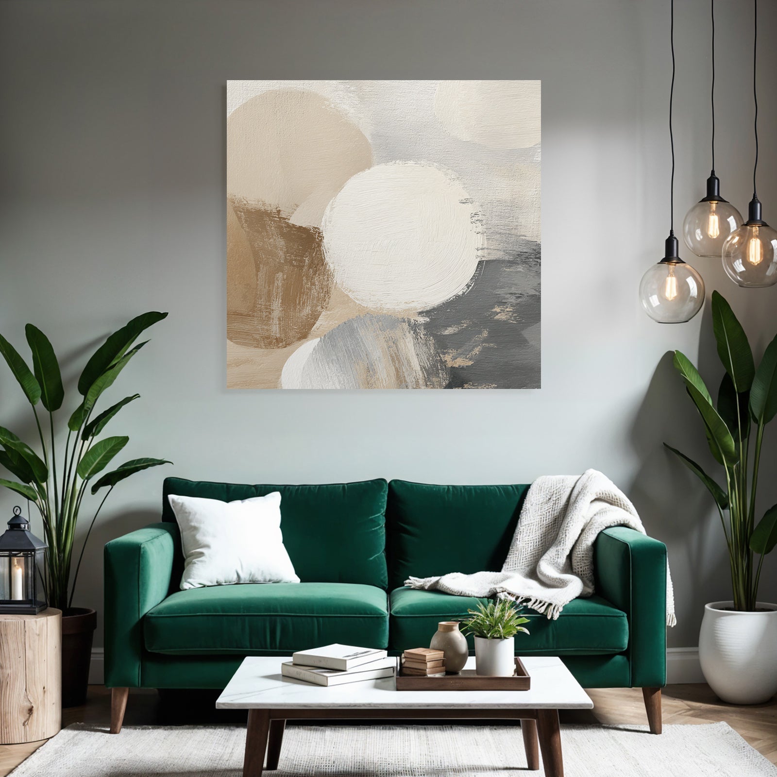 Abstract Painting Circular Shapes Beige White Gray
